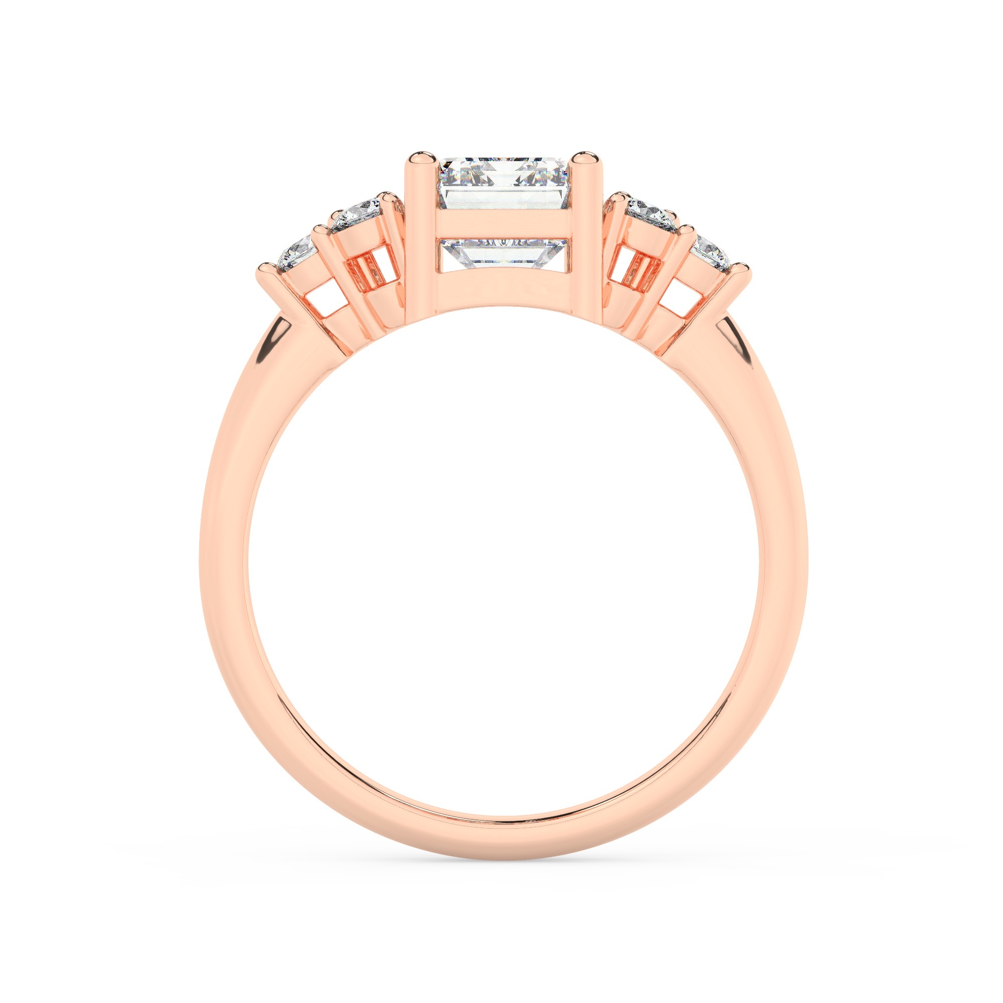 טבעת אירוסין סוליטר ויהלומים בצדדים דגם 50041 כסף מצופה זהב אדום רוזגולד במרכז יהלום מעבדה 1 קראט בחיתוך אמרלד עם תעודה גמולוגית אירופאית IGI מסביב ובצדדים יהלומי מעבדה במשקל כולל של 0.30 קראט בחיתוך עגול – תמונה 3