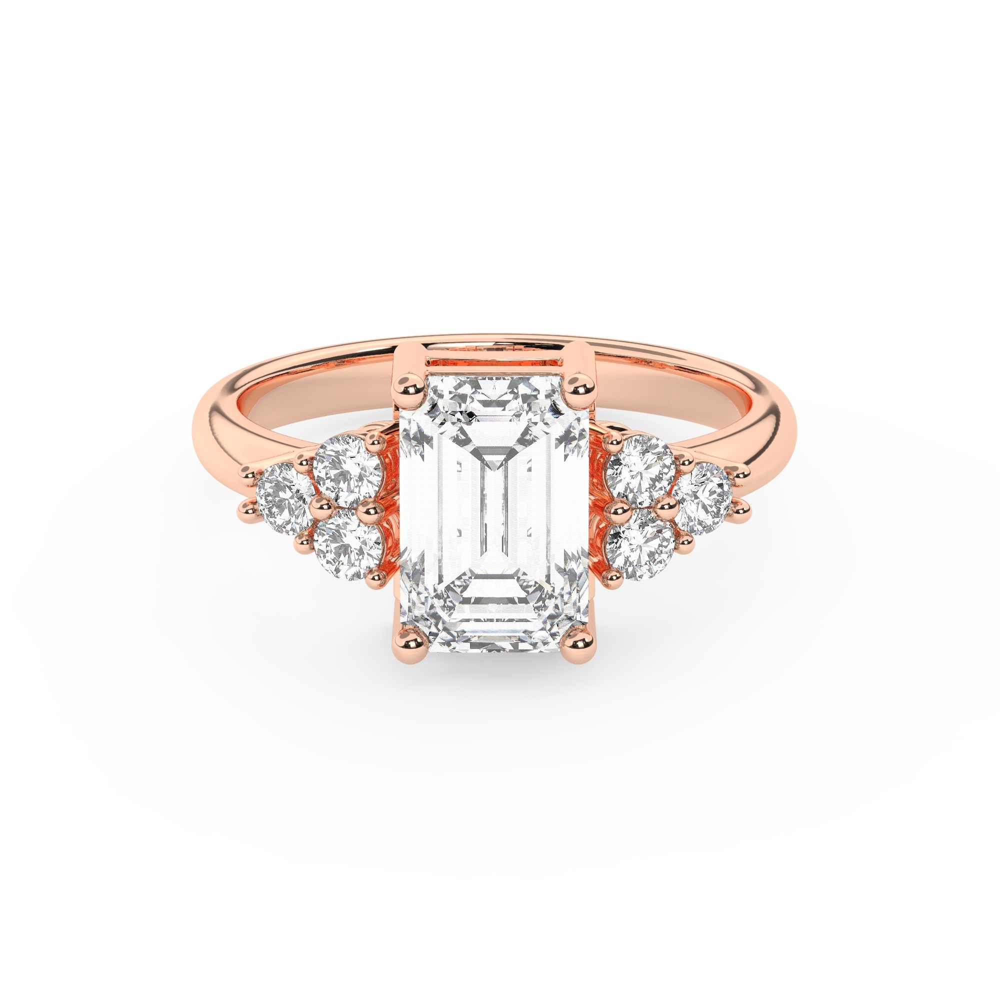 טבעת אירוסין סוליטר וזירקונים בצדדים דגם 50041 זהב אדום רוזגולד 14 קראט במרכז זירקוניה 1.50 קראט בחיתוך אמרלד מסביב ובצדדים זירקונים בחיתוך עגול – תמונה 2