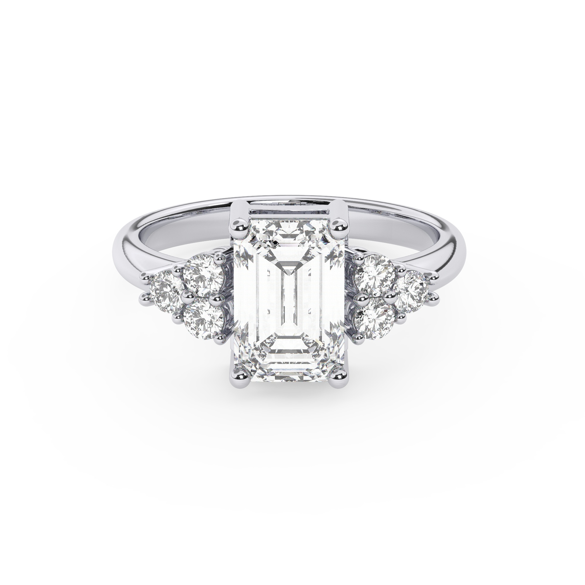 טבעת אירוסין סוליטר וזירקונים בצדדים דגם 50041 זהב לבן 14 קראט במרכז זירקוניה 2.50 קראט בחיתוך אמרלד מסביב ובצדדים זירקונים בחיתוך עגול – תמונה 2