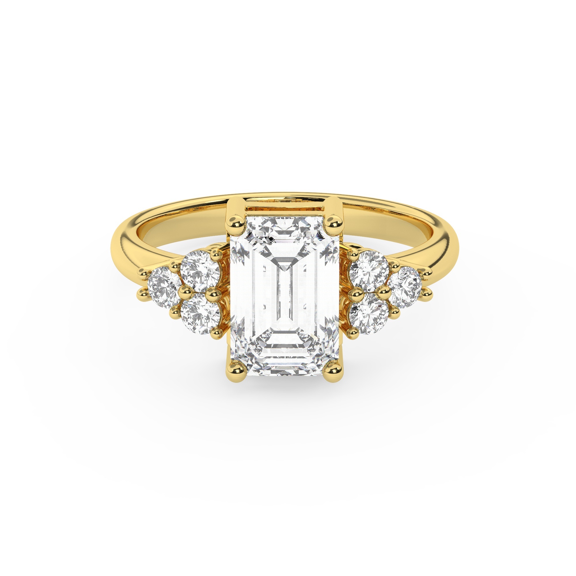 טבעת אירוסין סוליטר ומוסונייט בצדדים דגם 50041 כסף מצופה זהב צהוב במרכז אבן מעבדה מוסונייט 4 קראט בחיתוך אמרלד עם תעודה גמולוגית בינלאומית GRA מסביב ובצדדים אבני מעבדה מוסונייט במשקל כולל של 0.30 קראט בחיתוך עגול – תמונה 2