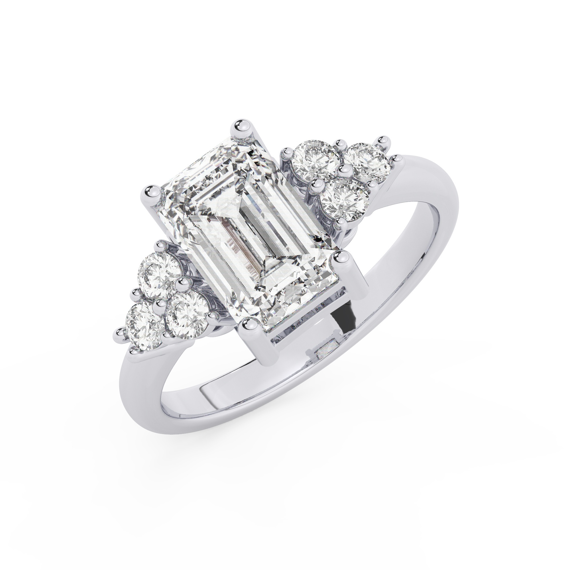 טבעת אירוסין סוליטר וזירקונים בצדדים דגם 50041 כסף מצופה זהב לבן במרכז זירקוניה 0.75 קראט בחיתוך אמרלד מסביב ובצדדים זירקונים בחיתוך עגול