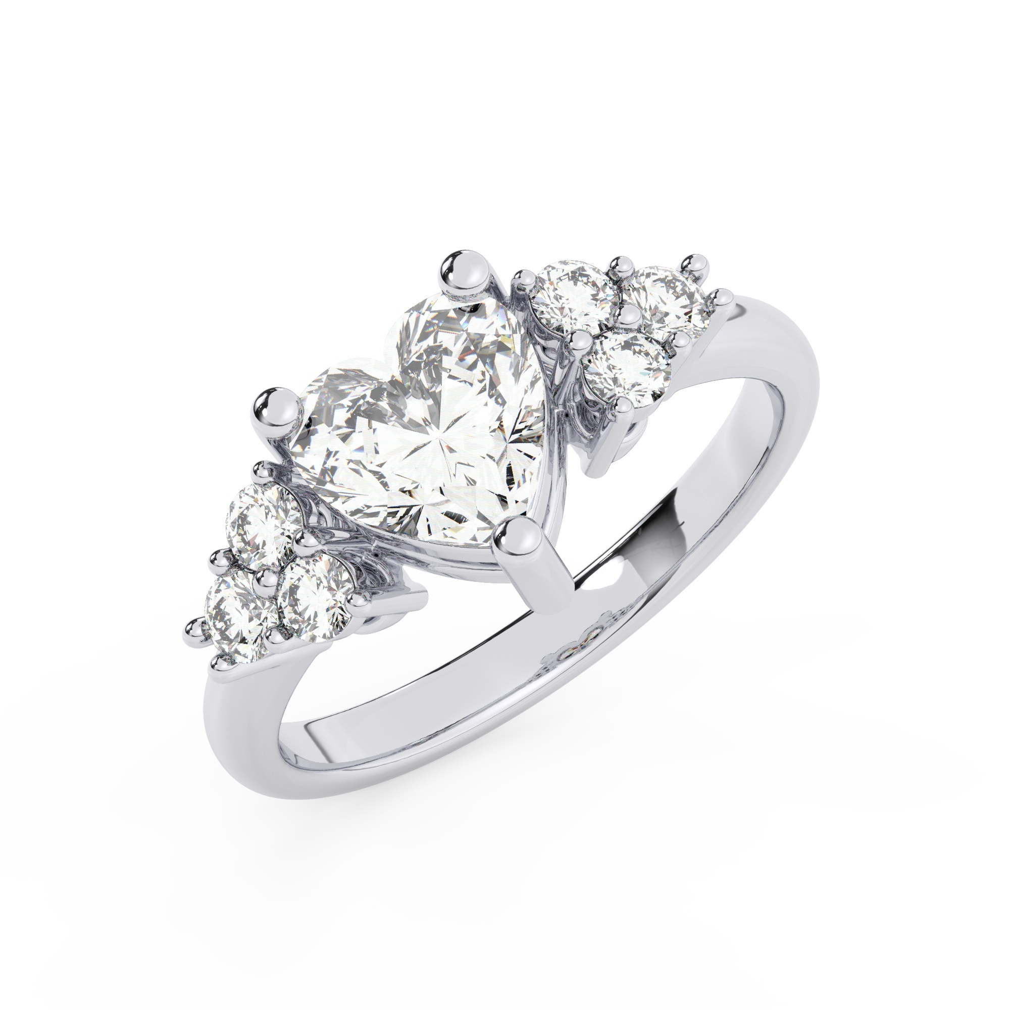 טבעת אירוסין סוליטר ויהלומים בצדדים דגם 50041 כסף מצופה זהב לבן במרכז יהלום מעבדה 2.50 קראט בחיתוך לב עם תעודה גמולוגית אירופאית IGI מסביב ובצדדים יהלומי מעבדה במשקל כולל של 0.30 קראט בחיתוך עגול