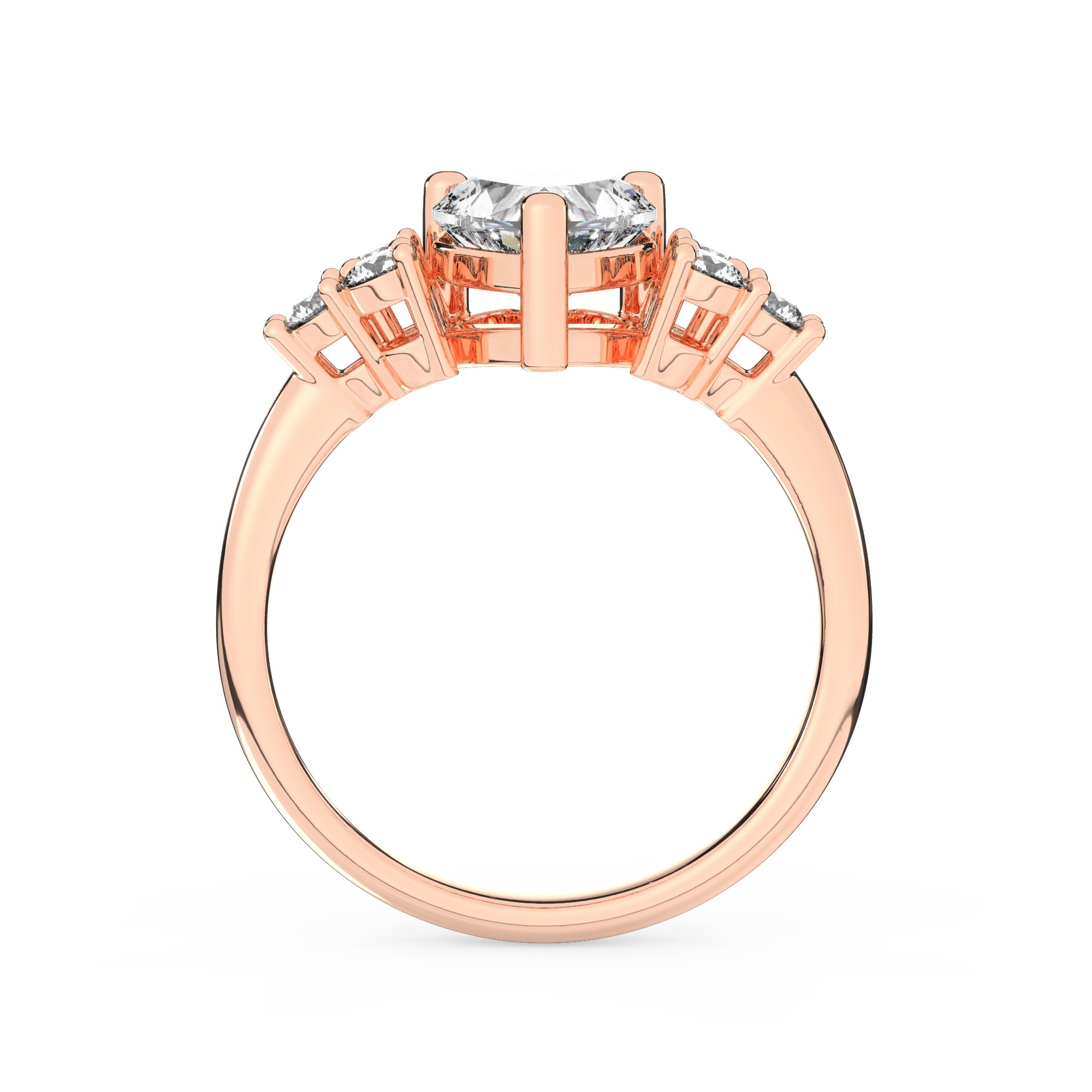 טבעת אירוסין סוליטר וזירקונים בצדדים דגם 50041 זהב אדום רוזגולד 14 קראט במרכז זירקוניה 4 קראט בחיתוך לב מסביב ובצדדים זירקונים בחיתוך עגול – תמונה 3