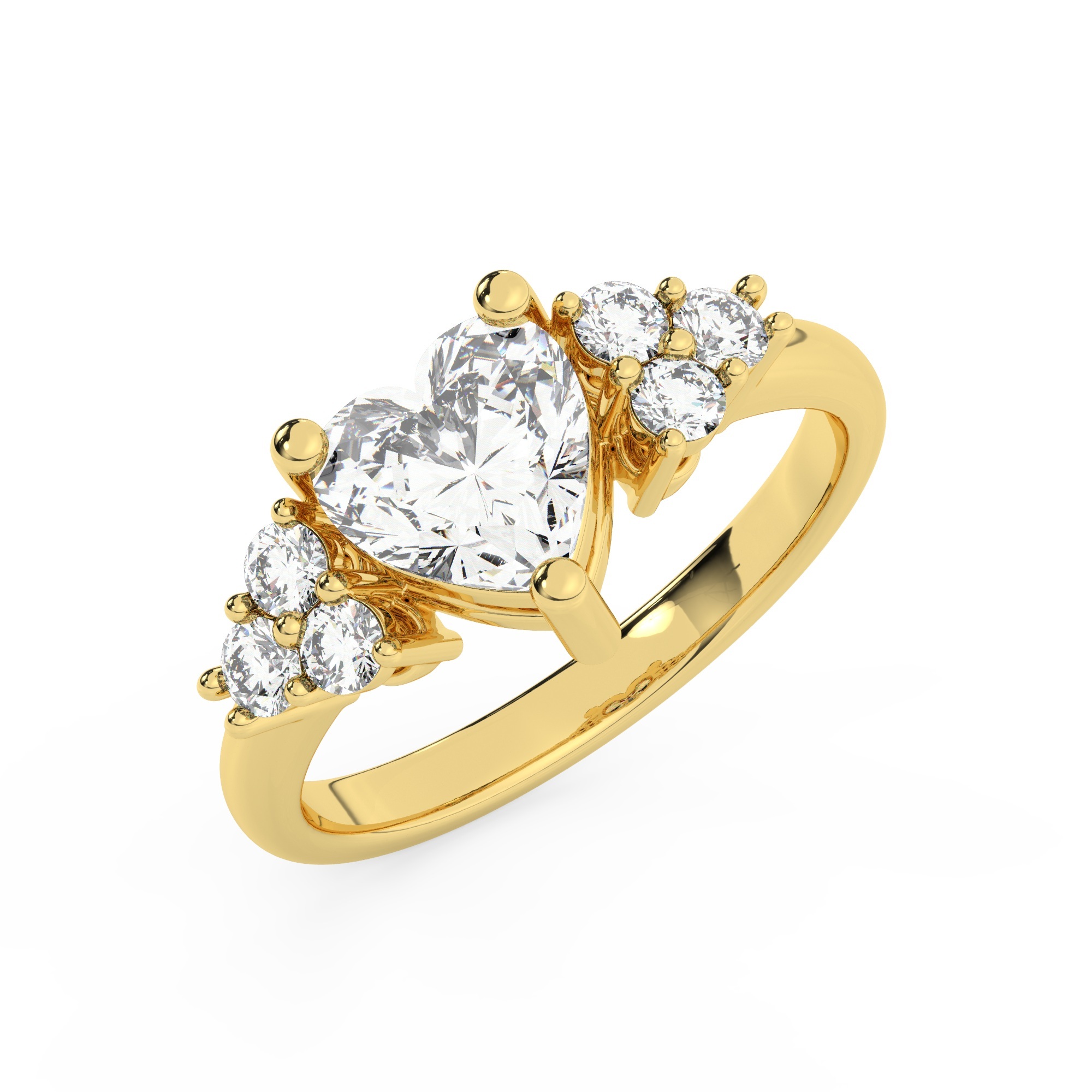 טבעת אירוסין סוליטר וזירקונים בצדדים דגם 50041 זהב צהוב 14 קראט במרכז זירקוניה 0.75 קראט בחיתוך לב מסביב ובצדדים זירקונים בחיתוך עגול