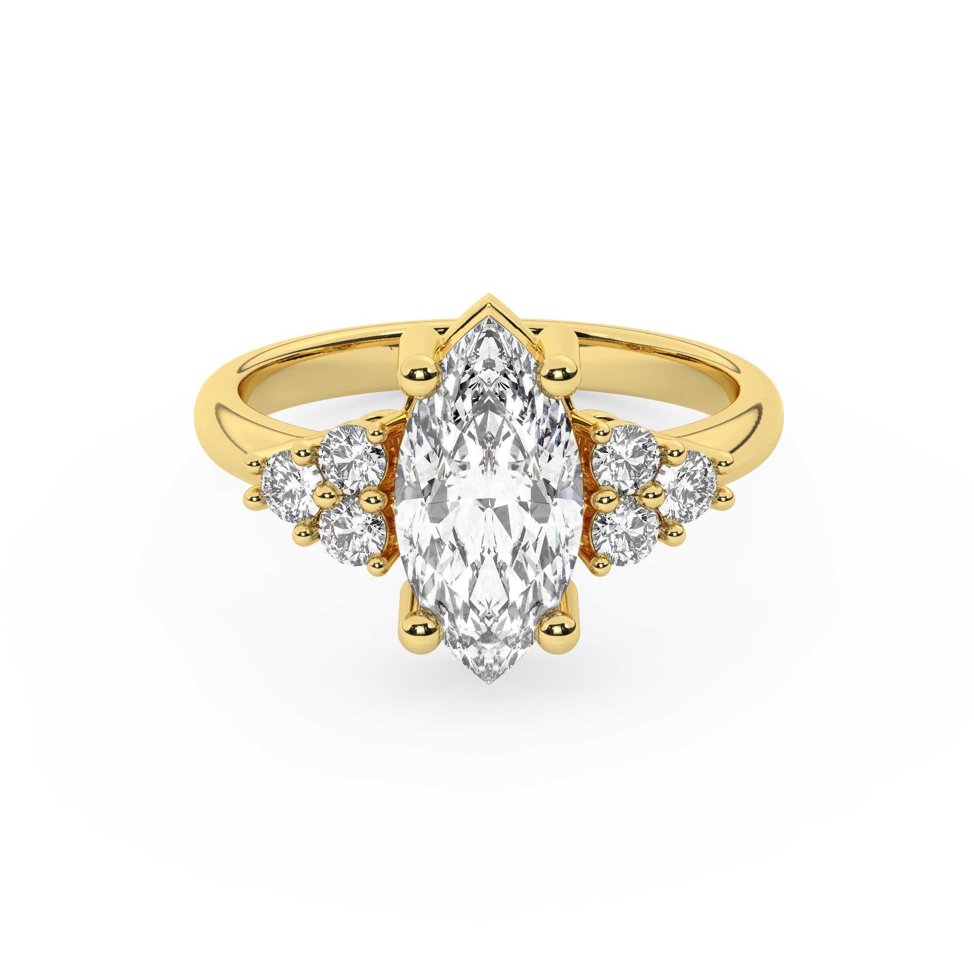 טבעת אירוסין סוליטר וזירקונים בצדדים דגם 50041 זהב צהוב 14 קראט במרכז זירקוניה 1.50 קראט בחיתוך מרקיזה מסביב ובצדדים זירקונים בחיתוך עגול – תמונה 2