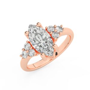 טבעת אירוסין סוליטר וזירקונים בצדדים דגם 50041 זהב אדום רוזגולד 14 קראט במרכז זירקוניה 2.50 קראט בחיתוך מרקיזה מסביב ובצדדים זירקונים בחיתוך עגול