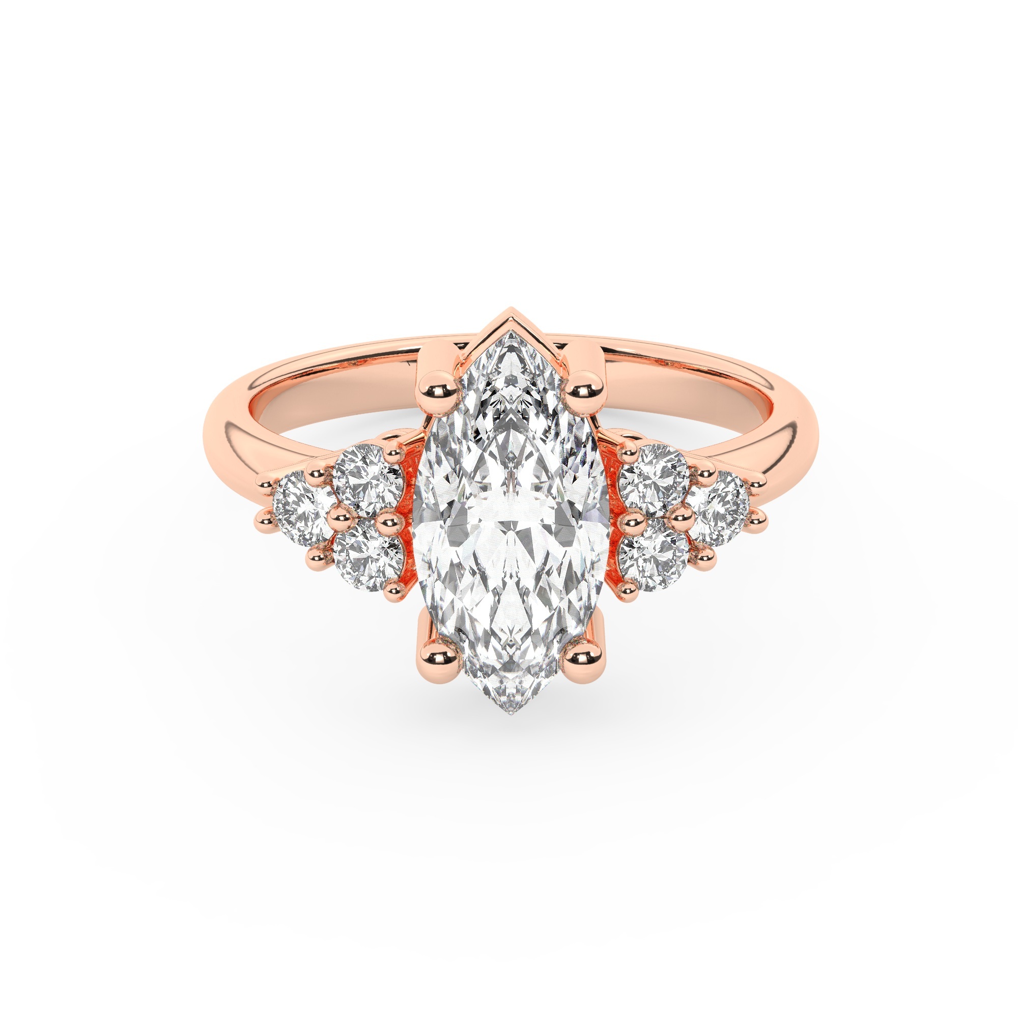 טבעת אירוסין סוליטר וזירקונים בצדדים דגם 50041 זהב אדום רוזגולד 14 קראט במרכז זירקוניה 2.50 קראט בחיתוך מרקיזה מסביב ובצדדים זירקונים בחיתוך עגול – תמונה 2