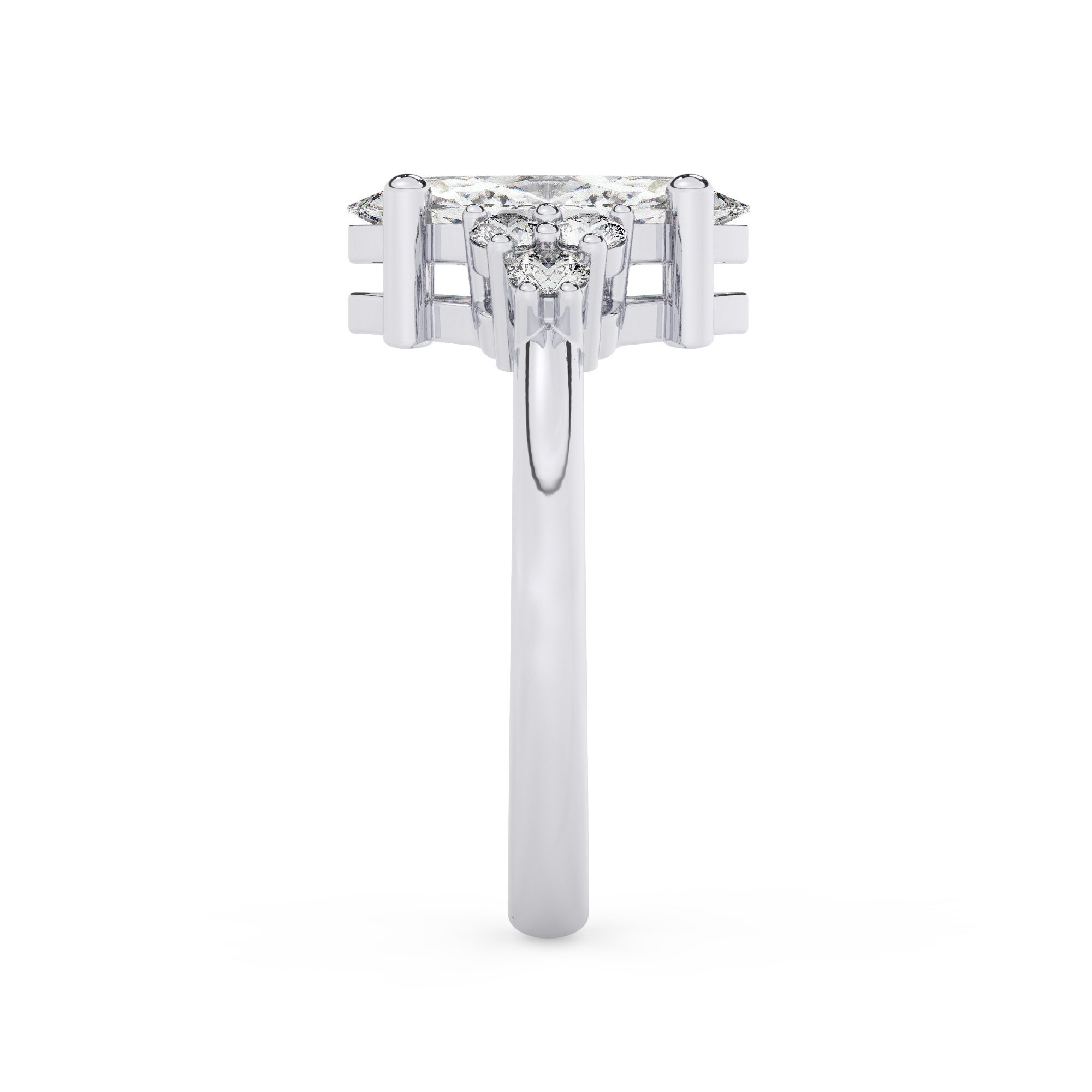 טבעת אירוסין סוליטר וזירקונים בצדדים דגם 50041 זהב לבן 14 קראט במרכז זירקוניה 3 קראט בחיתוך מרקיזה מסביב ובצדדים זירקונים בחיתוך עגול – תמונה 4