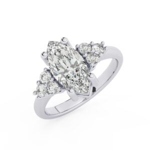 טבעת אירוסין סוליטר וזירקונים בצדדים דגם 50041 זהב לבן 14 קראט במרכז זירקוניה 4 קראט בחיתוך מרקיזה מסביב ובצדדים זירקונים בחיתוך עגול