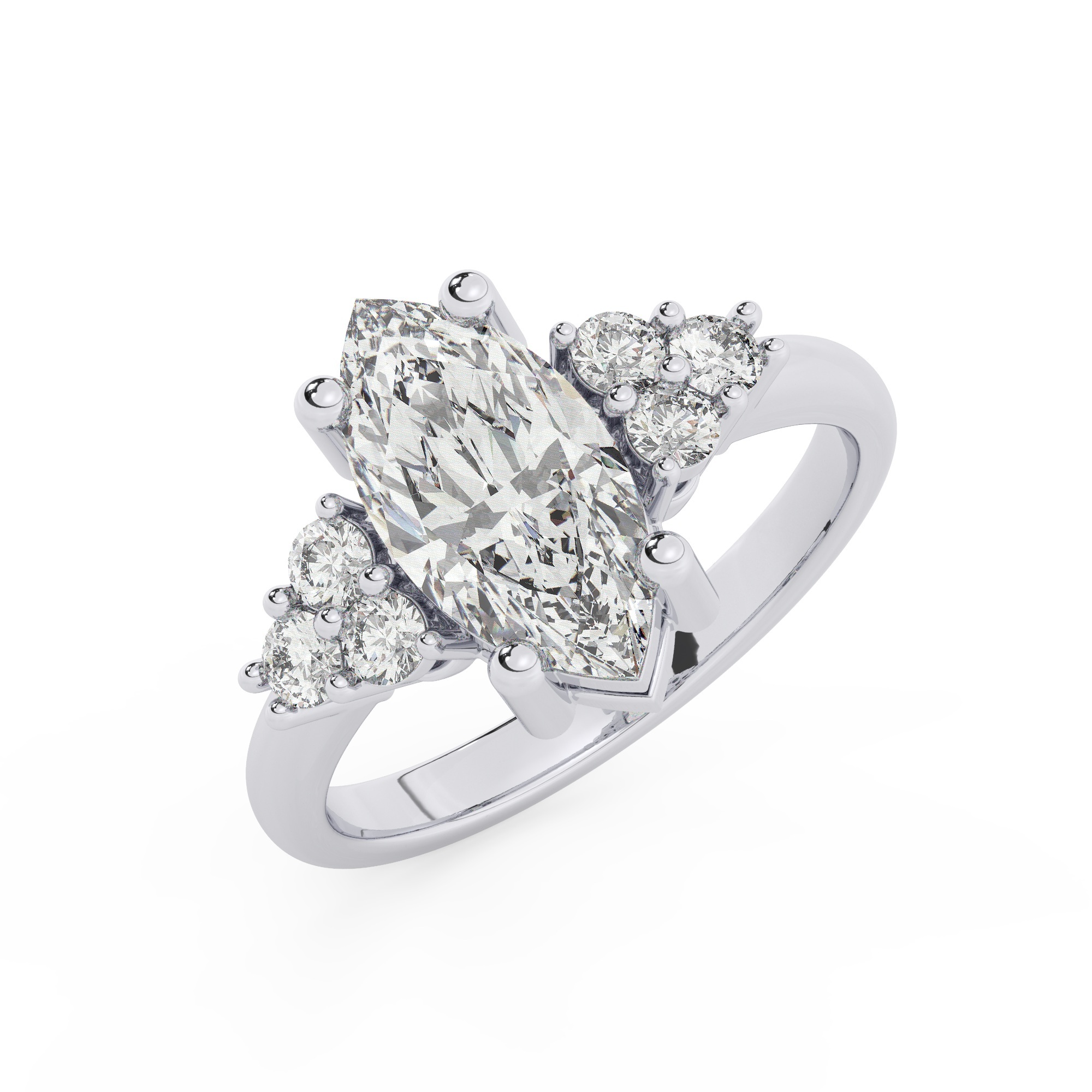 טבעת אירוסין סוליטר וזירקונים בצדדים דגם 50041 זהב לבן 14 קראט במרכז זירקוניה 4 קראט בחיתוך מרקיזה מסביב ובצדדים זירקונים בחיתוך עגול