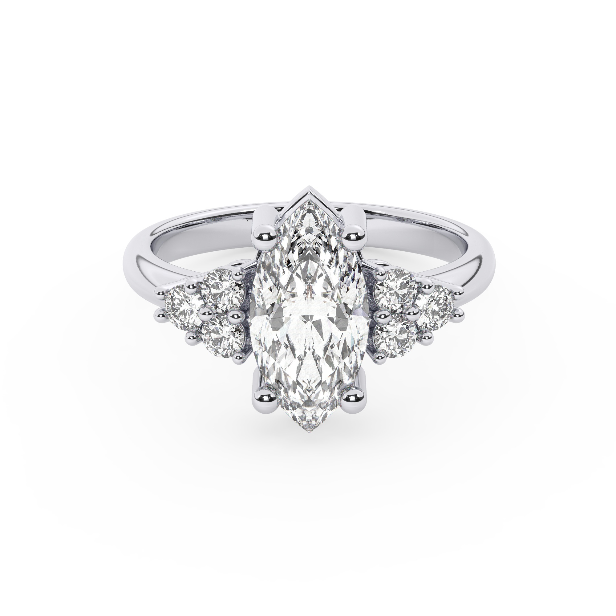 טבעת אירוסין סוליטר ומוסונייט בצדדים דגם 50041 כסף מצופה זהב לבן במרכז אבן מעבדה מוסונייט 5 קראט בחיתוך מרקיזה עם תעודה גמולוגית בינלאומית GRA מסביב ובצדדים אבני מעבדה מוסונייט במשקל כולל של 0.30 קראט בחיתוך עגול – תמונה 2