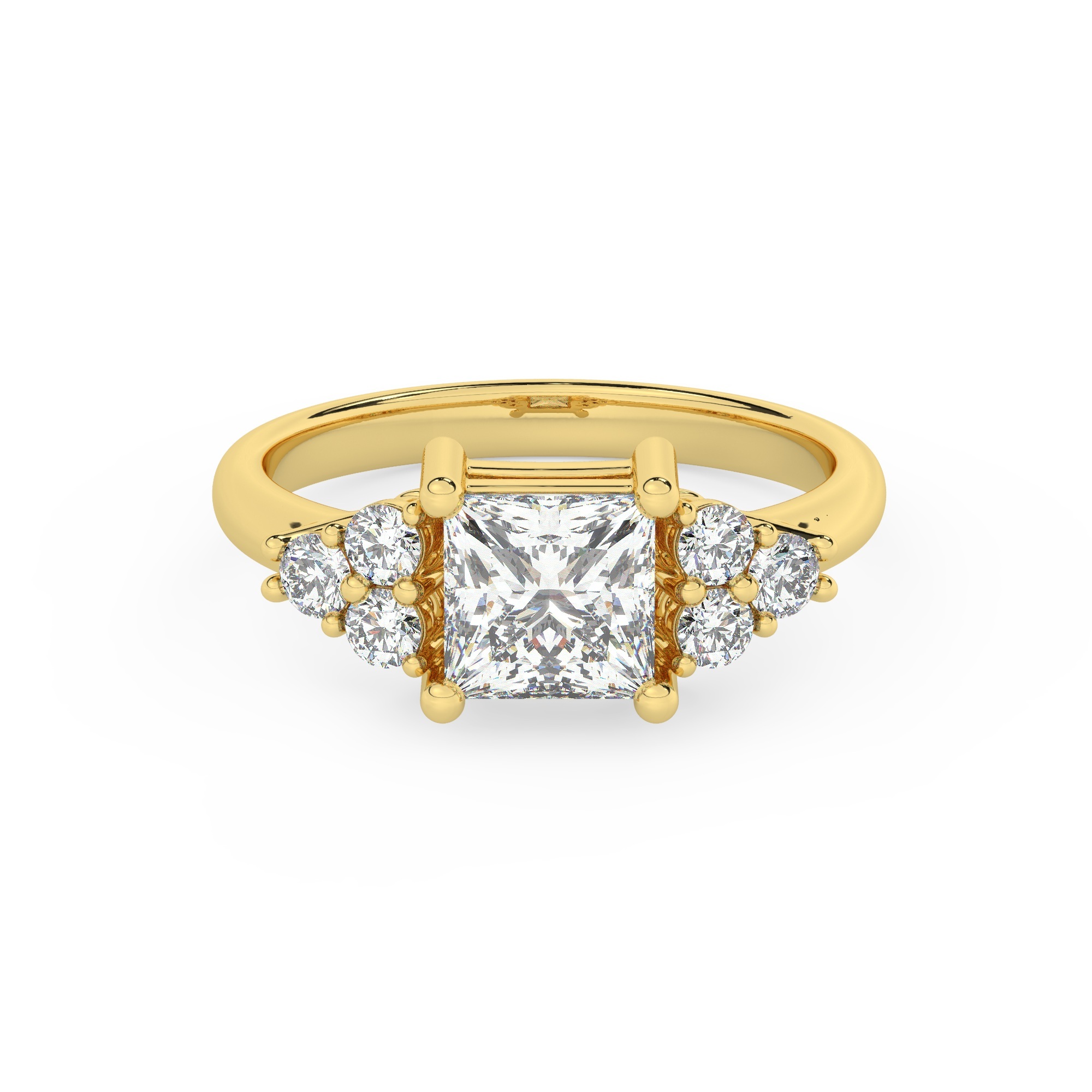 טבעת אירוסין סוליטר וזירקונים בצדדים דגם 50041 כסף מצופה זהב צהוב במרכז זירקוניה 1.50 קראט בחיתוך פרינסס מסביב ובצדדים זירקונים בחיתוך עגול – תמונה 2