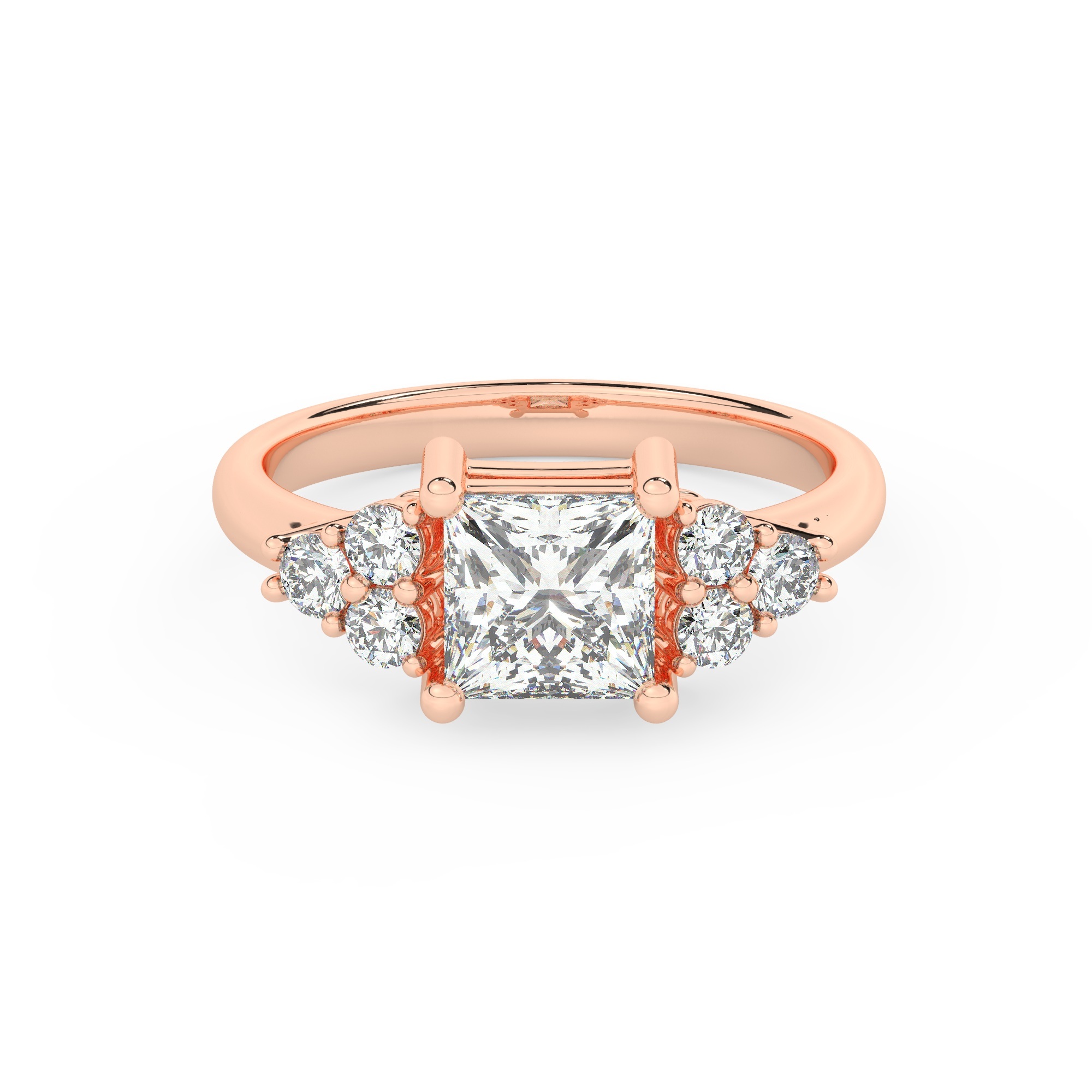 טבעת אירוסין סוליטר וזירקונים בצדדים דגם 50041 זהב אדום רוזגולד 14 קראט במרכז זירקוניה 2.50 קראט בחיתוך פרינסס מסביב ובצדדים זירקונים בחיתוך עגול – תמונה 2