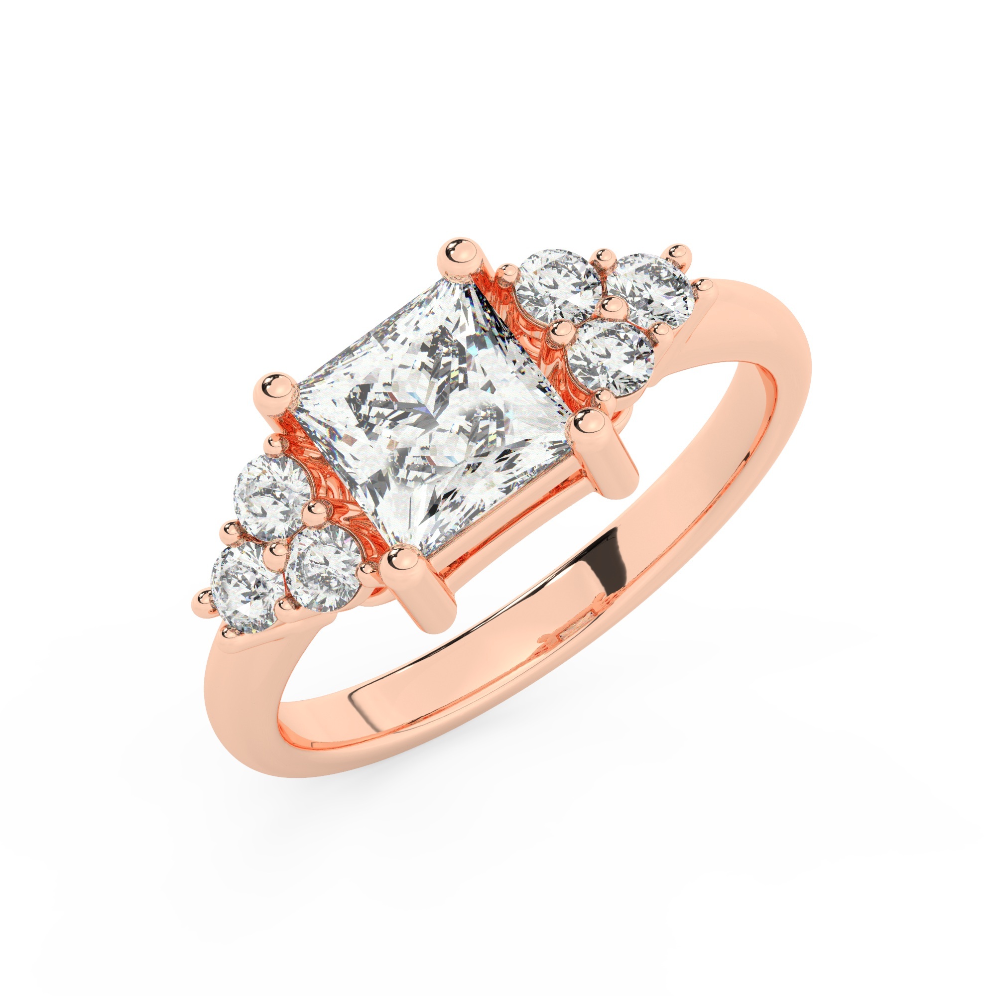 טבעת אירוסין סוליטר וזירקונים בצדדים דגם 50041 זהב אדום רוזגולד 14 קראט במרכז זירקוניה 3 קראט בחיתוך פרינסס מסביב ובצדדים זירקונים בחיתוך עגול