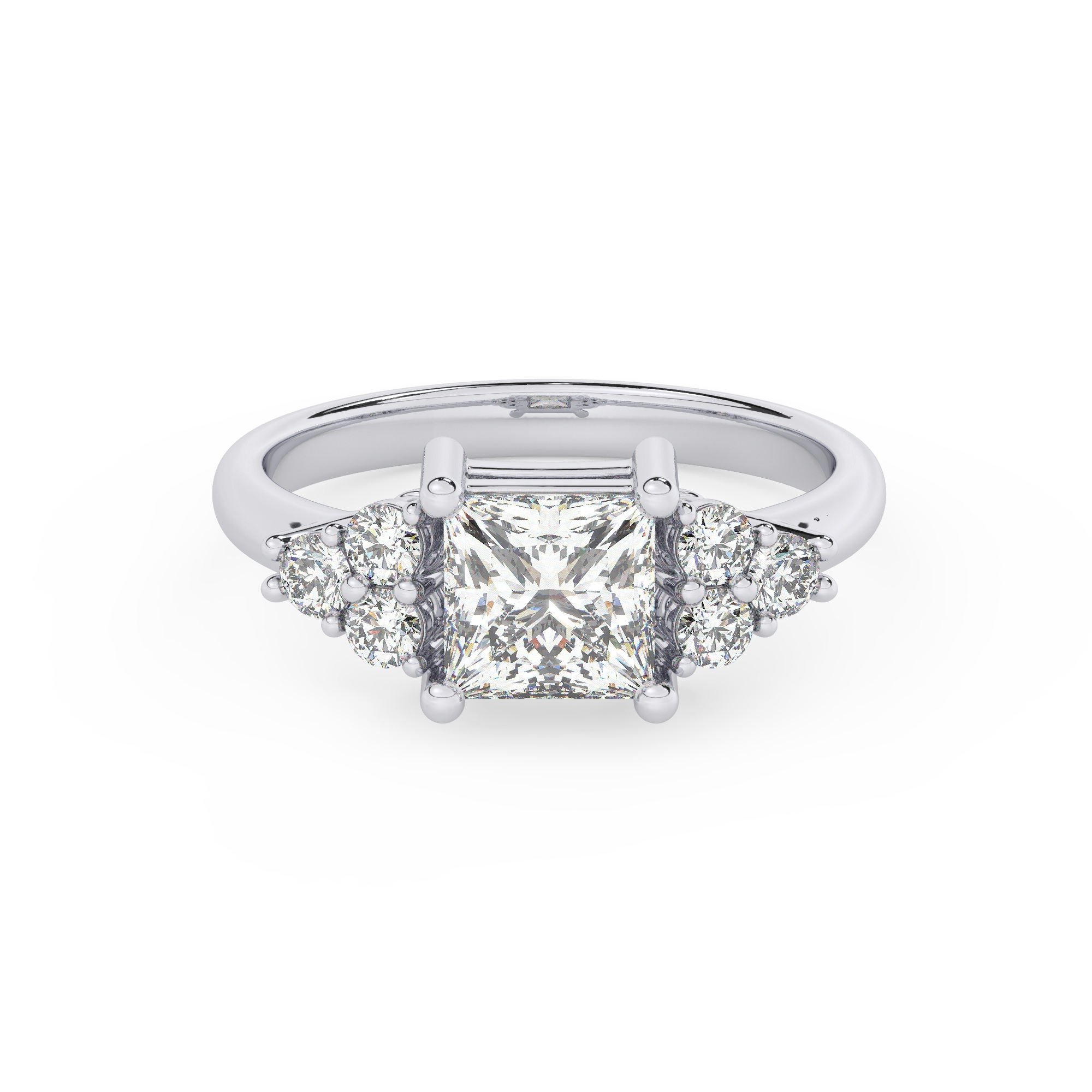 טבעת אירוסין סוליטר וזירקונים בצדדים דגם 50041 זהב לבן 14 קראט במרכז זירקוניה 3 קראט בחיתוך פרינסס מסביב ובצדדים זירקונים בחיתוך עגול – תמונה 2