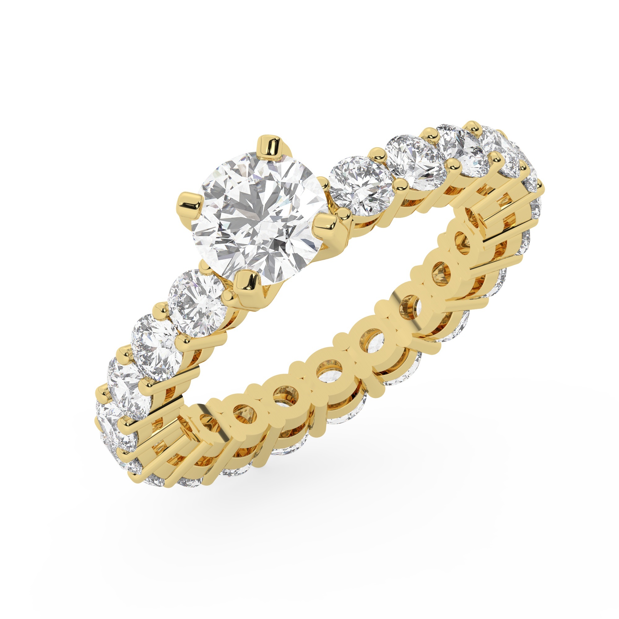 טבעת אירוסין סוליטר וזירקונים בצדדים איטרנטיני דגם 50044 זהב צהוב 14 קראט במרכז זירקוניה 1 קראט בחיתוך עגול מסביב ובצדדים זירקונים בחיתוך עגול