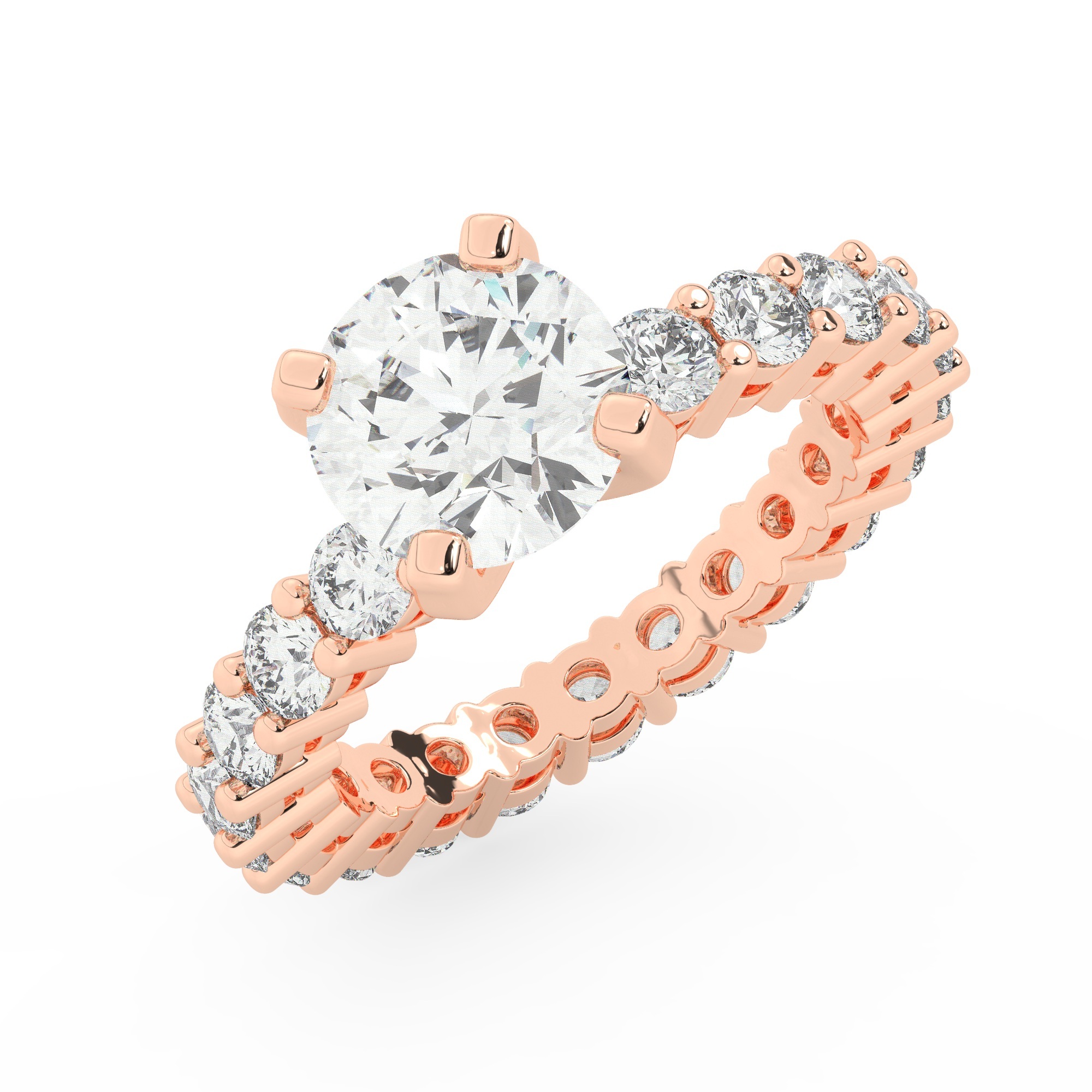 טבעת אירוסין סוליטר וזירקונים בצדדים איטרנטיני דגם 50044 זהב אדום רוזגולד 14 קראט במרכז זירקוניה 2 קראט בחיתוך עגול מסביב ובצדדים זירקונים בחיתוך עגול