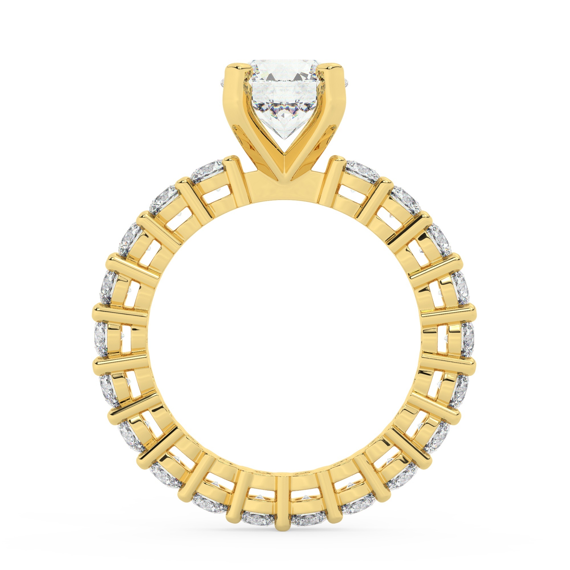 טבעת אירוסין סוליטר וזירקונים בצדדים איטרנטיני דגם 50044 זהב צהוב 14 קראט במרכז זירקוניה 2 קראט בחיתוך עגול מסביב ובצדדים זירקונים בחיתוך עגול – תמונה 3