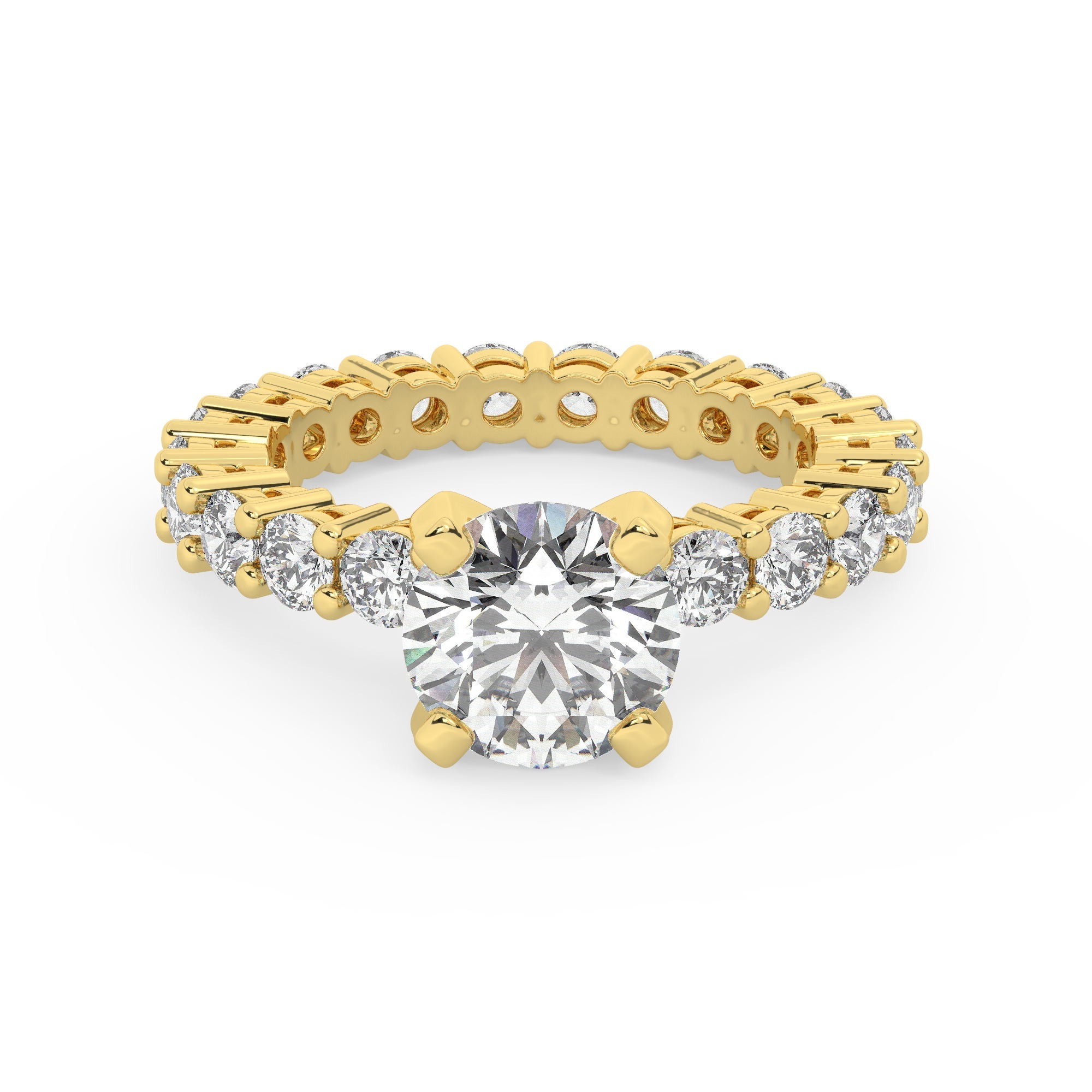 טבעת אירוסין סוליטר וזירקונים בצדדים איטרנטיני דגם 50044 זהב צהוב 14 קראט במרכז זירקוניה 2 קראט בחיתוך עגול מסביב ובצדדים זירקונים בחיתוך עגול – תמונה 2