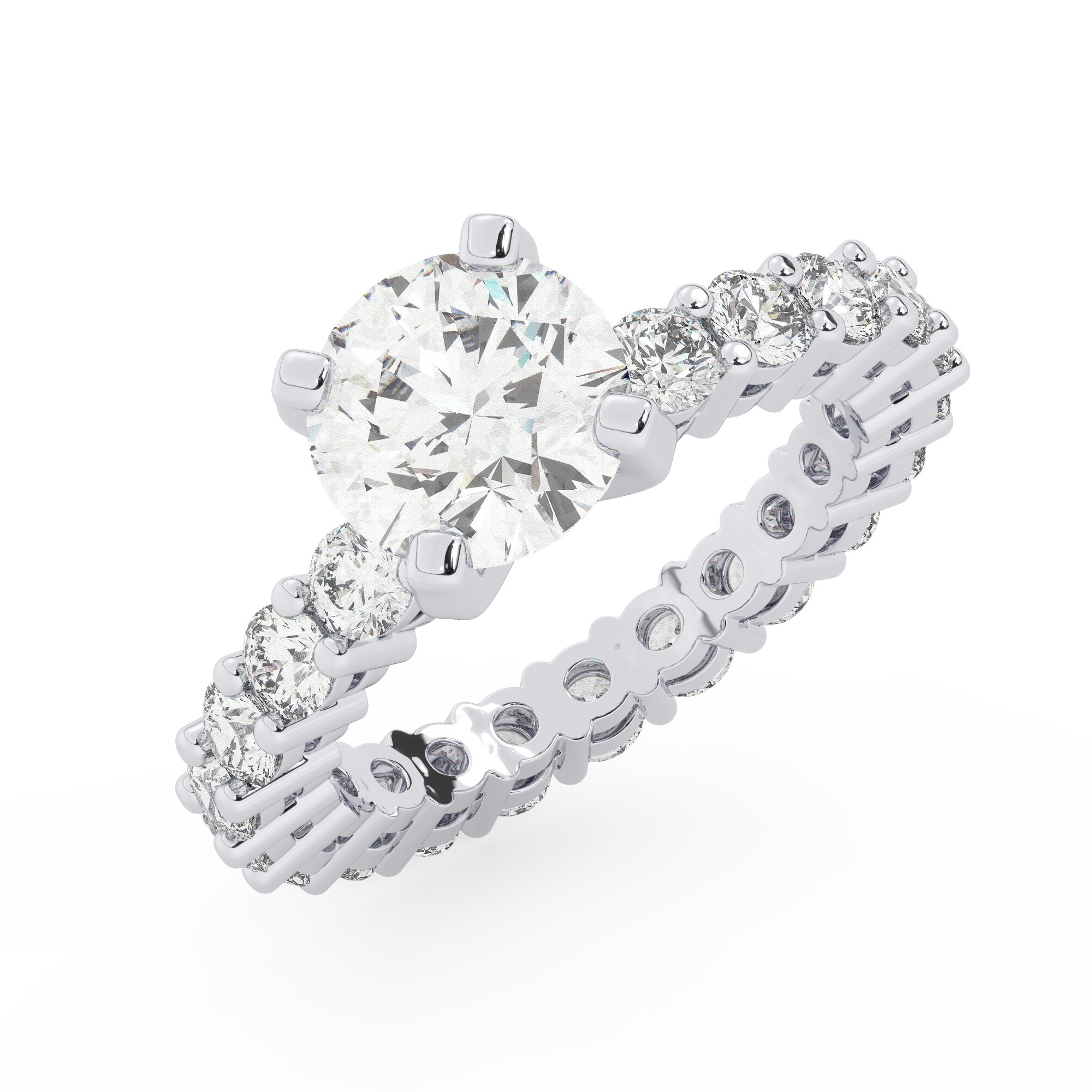 טבעת אירוסין סוליטר ומוסונייט בצדדים איטרנטיני דגם 50044 כסף מצופה זהב לבן במרכז אבן מעבדה מוסונייט 2.50 קראט בחיתוך עגול עם תעודה גמולוגית בינלאומית GRA מסביב ובצדדים אבני מעבדה מוסונייט במשקל כולל של 1.80 קראט בחיתוך עגול