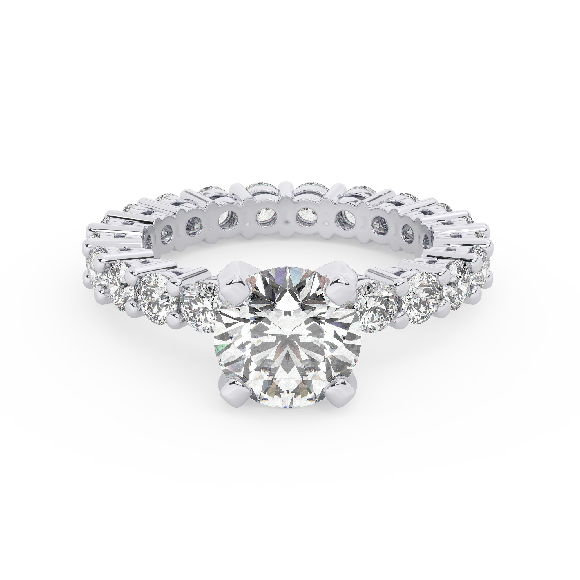 טבעת אירוסין סוליטר ומוסונייט בצדדים איטרנטיני דגם 50044 כסף מצופה זהב לבן במרכז אבן מעבדה מוסונייט 2.50 קראט בחיתוך עגול עם תעודה גמולוגית בינלאומית GRA מסביב ובצדדים אבני מעבדה מוסונייט במשקל כולל של 1.80 קראט בחיתוך עגול – תמונה 2