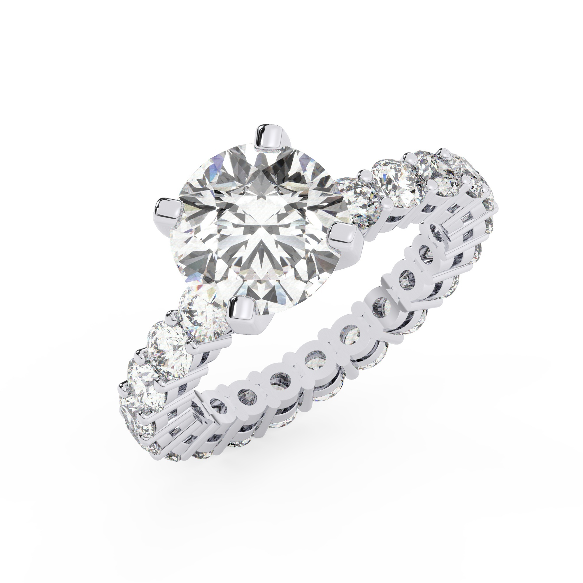 טבעת אירוסין סוליטר ומוסונייט בצדדים איטרנטיני דגם 50044 כסף מצופה זהב לבן במרכז אבן מעבדה מוסונייט 3 קראט בחיתוך עגול עם תעודה גמולוגית בינלאומית GRA מסביב ובצדדים אבני מעבדה מוסונייט במשקל כולל של 1.80 קראט בחיתוך עגול