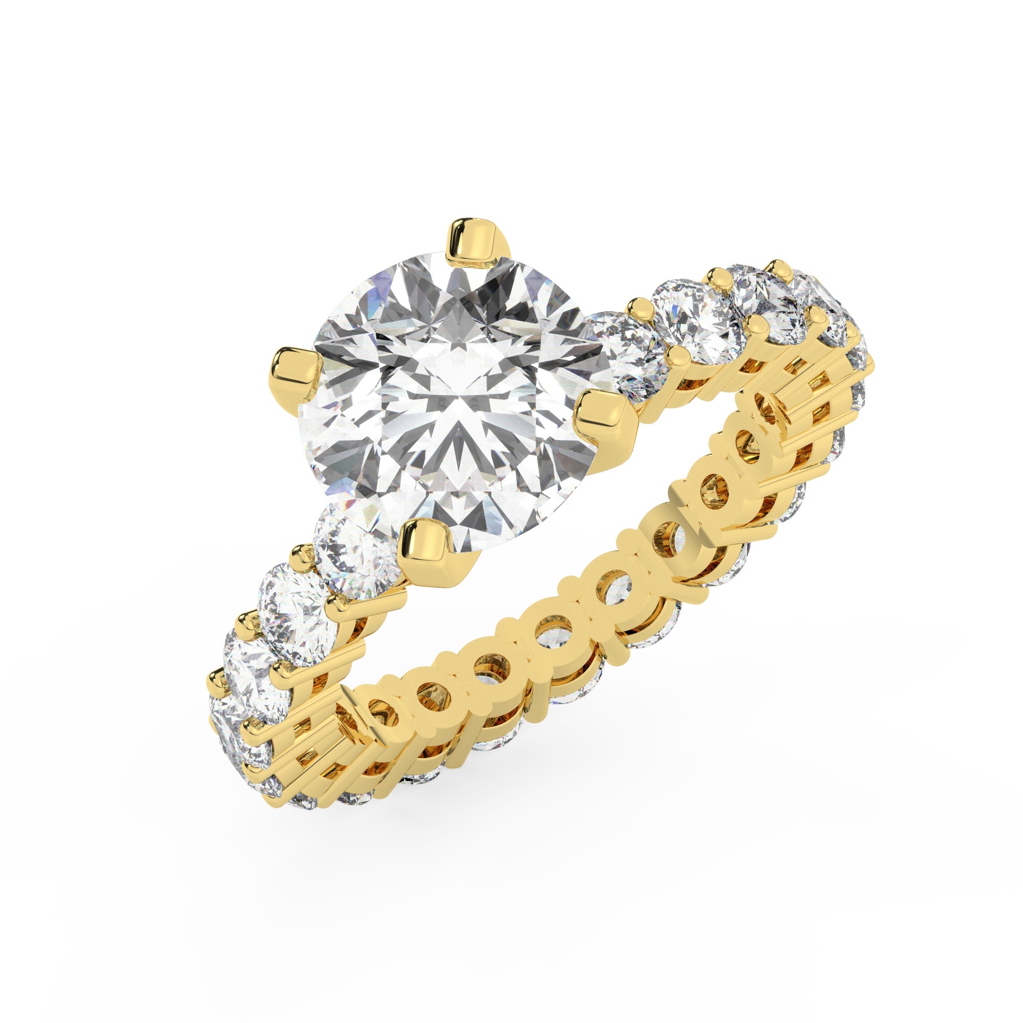 טבעת אירוסין סוליטר ומוסונייט בצדדים איטרנטיני דגם 50044 כסף מצופה זהב צהוב במרכז אבן מעבדה מוסונייט 3 קראט בחיתוך עגול עם תעודה גמולוגית בינלאומית GRA מסביב ובצדדים אבני מעבדה מוסונייט במשקל כולל של 1.80 קראט בחיתוך עגול