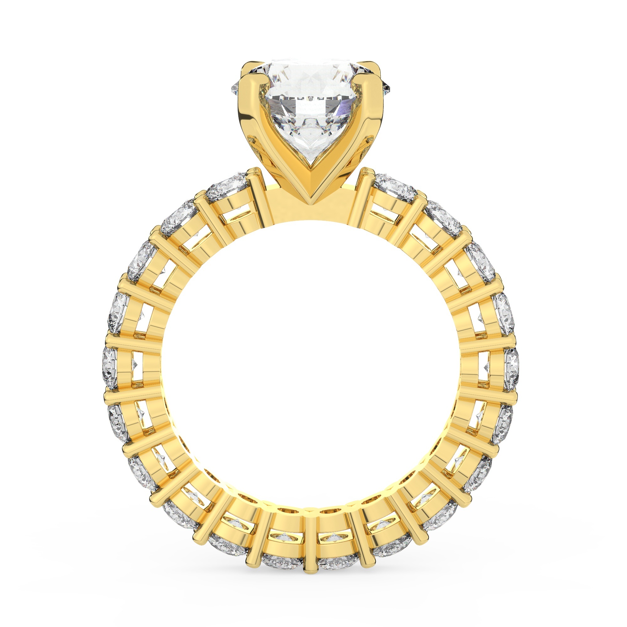 טבעת אירוסין סוליטר ומוסונייט בצדדים איטרנטיני דגם 50044 כסף מצופה זהב צהוב במרכז אבן מעבדה מוסונייט 3 קראט בחיתוך עגול עם תעודה גמולוגית בינלאומית GRA מסביב ובצדדים אבני מעבדה מוסונייט במשקל כולל של 1.80 קראט בחיתוך עגול – תמונה 3