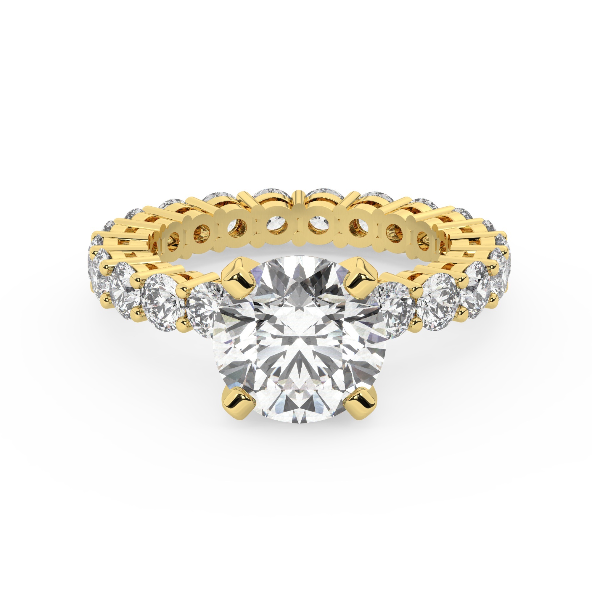 טבעת אירוסין סוליטר ומוסונייט בצדדים איטרנטיני דגם 50044 כסף מצופה זהב צהוב במרכז אבן מעבדה מוסונייט 3 קראט בחיתוך עגול עם תעודה גמולוגית בינלאומית GRA מסביב ובצדדים אבני מעבדה מוסונייט במשקל כולל של 1.80 קראט בחיתוך עגול – תמונה 2