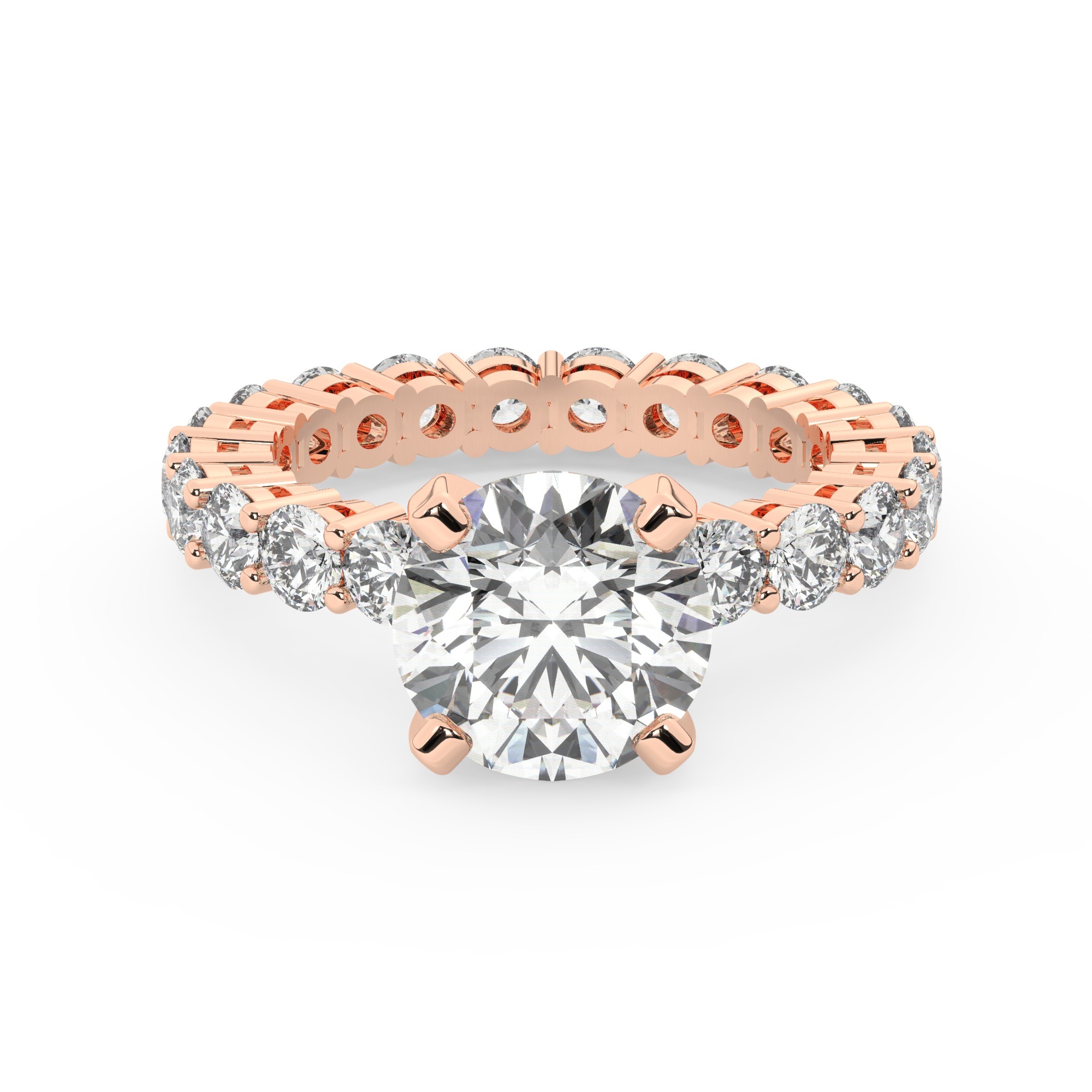 טבעת אירוסין סוליטר ומוסונייט בצדדים איטרנטיני דגם 50044 כסף מצופה זהב אדום רוזגולד במרכז אבן מעבדה מוסונייט 3 קראט בחיתוך עגול עם תעודה גמולוגית בינלאומית GRA מסביב ובצדדים אבני מעבדה מוסונייט במשקל כולל של 1.80 קראט בחיתוך עגול – תמונה 2