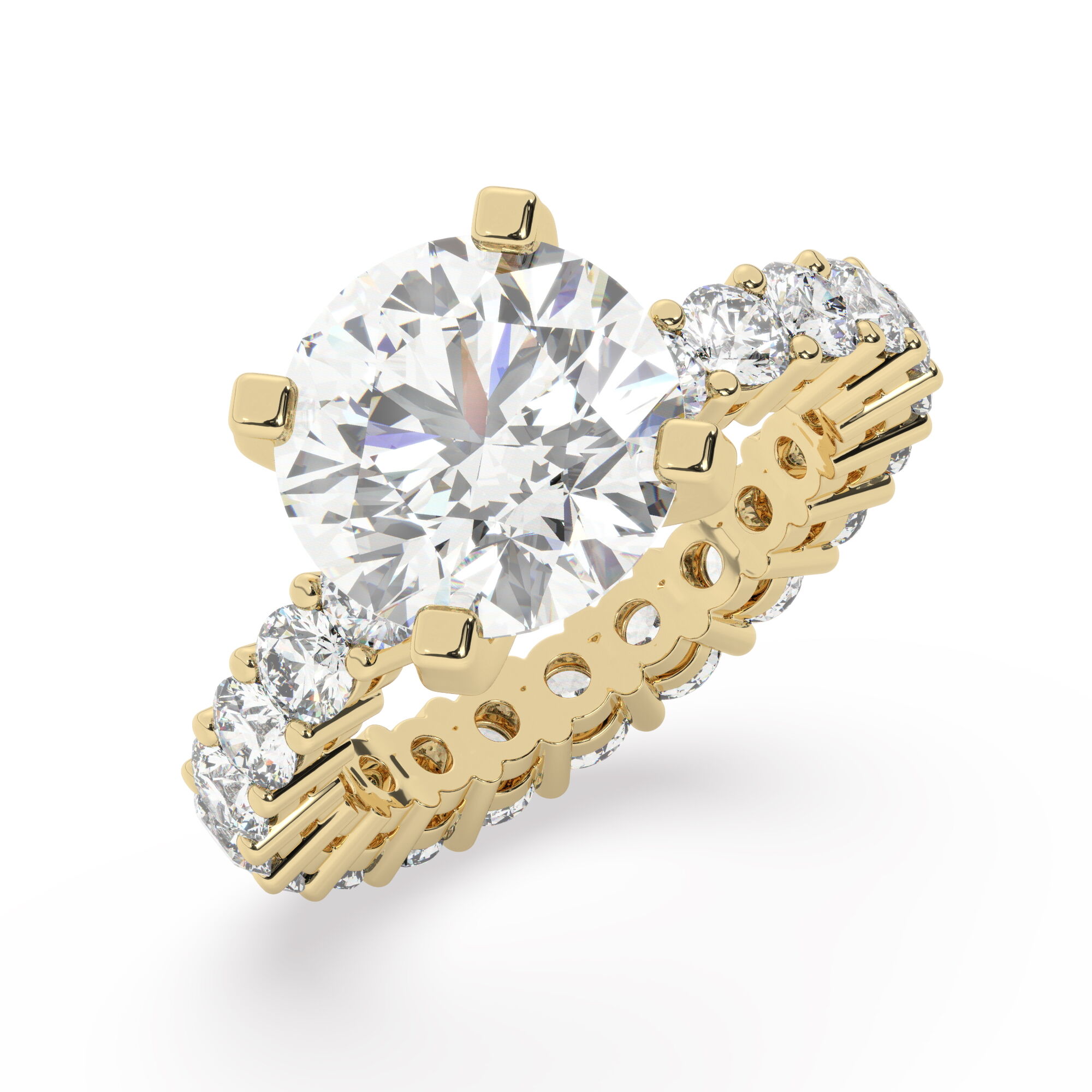 טבעת אירוסין סוליטר וזירקונים בצדדים איטרנטיני דגם 50044 זהב צהוב 14 קראט במרכז זירקוניה 4 קראט בחיתוך עגול מסביב ובצדדים זירקונים בחיתוך עגול