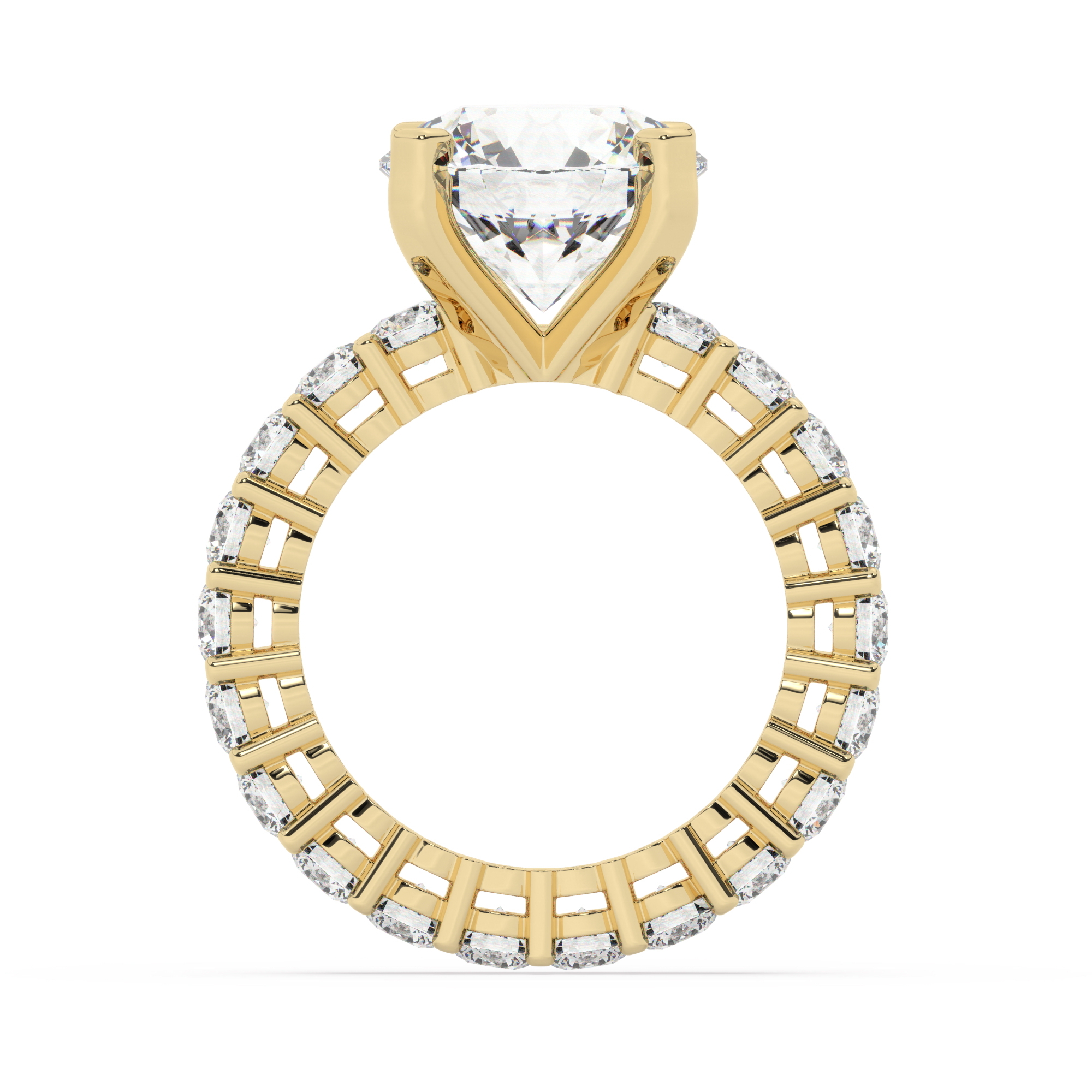 טבעת אירוסין סוליטר וזירקונים בצדדים איטרנטיני דגם 50044 זהב צהוב 14 קראט במרכז זירקוניה 4 קראט בחיתוך עגול מסביב ובצדדים זירקונים בחיתוך עגול – תמונה 3