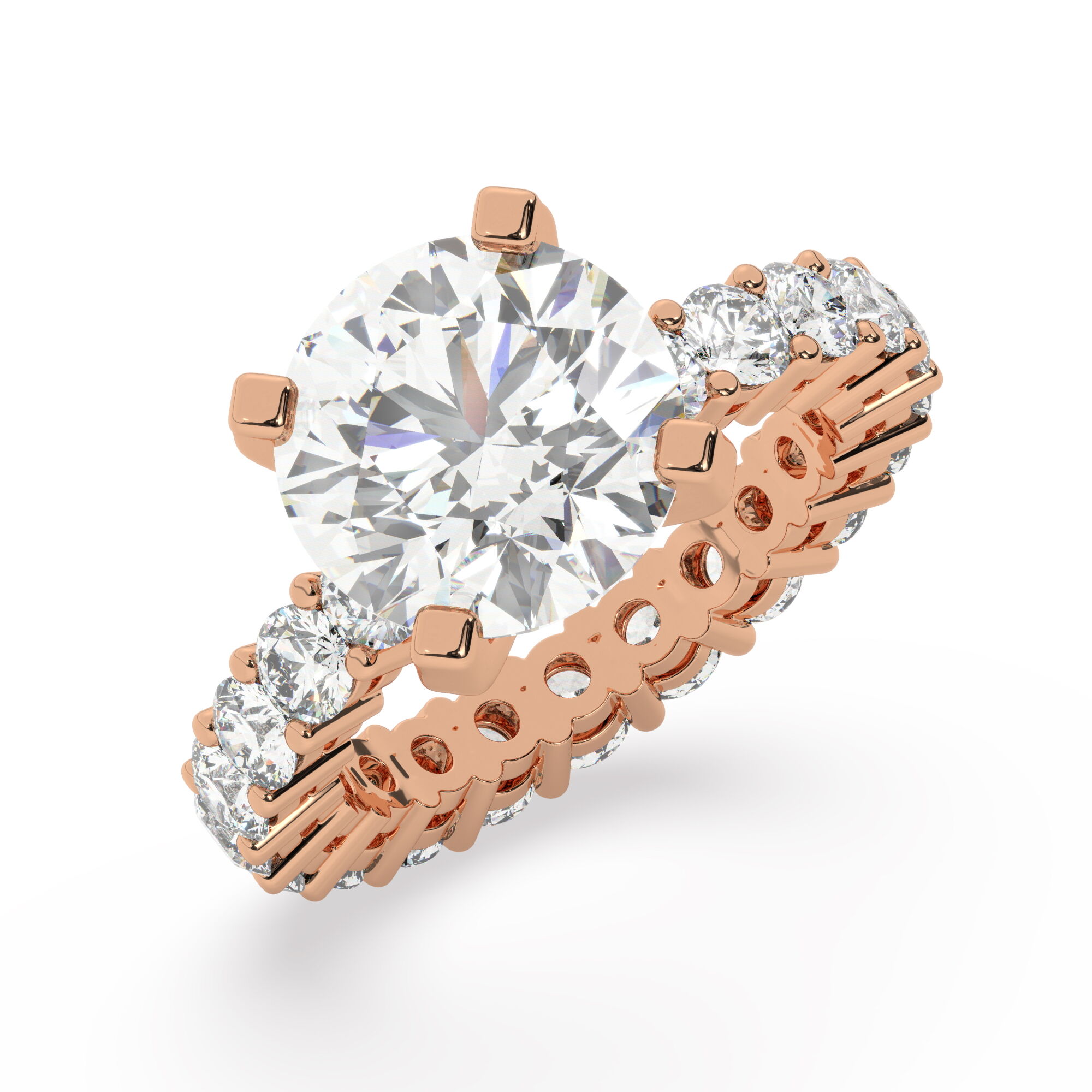 טבעת אירוסין סוליטר ויהלומים בצדדים איטרנטיני דגם 50044 זהב אדום רוזגולד 14 קראט במרכז יהלום טבעי 5 קראט בחיתוך עגול עם תעודה גמולוגית אמריקאית GIA מסביב ובצדדים יהלומים טבעים במשקל כולל של 1.80 קראט בחיתוך עגול