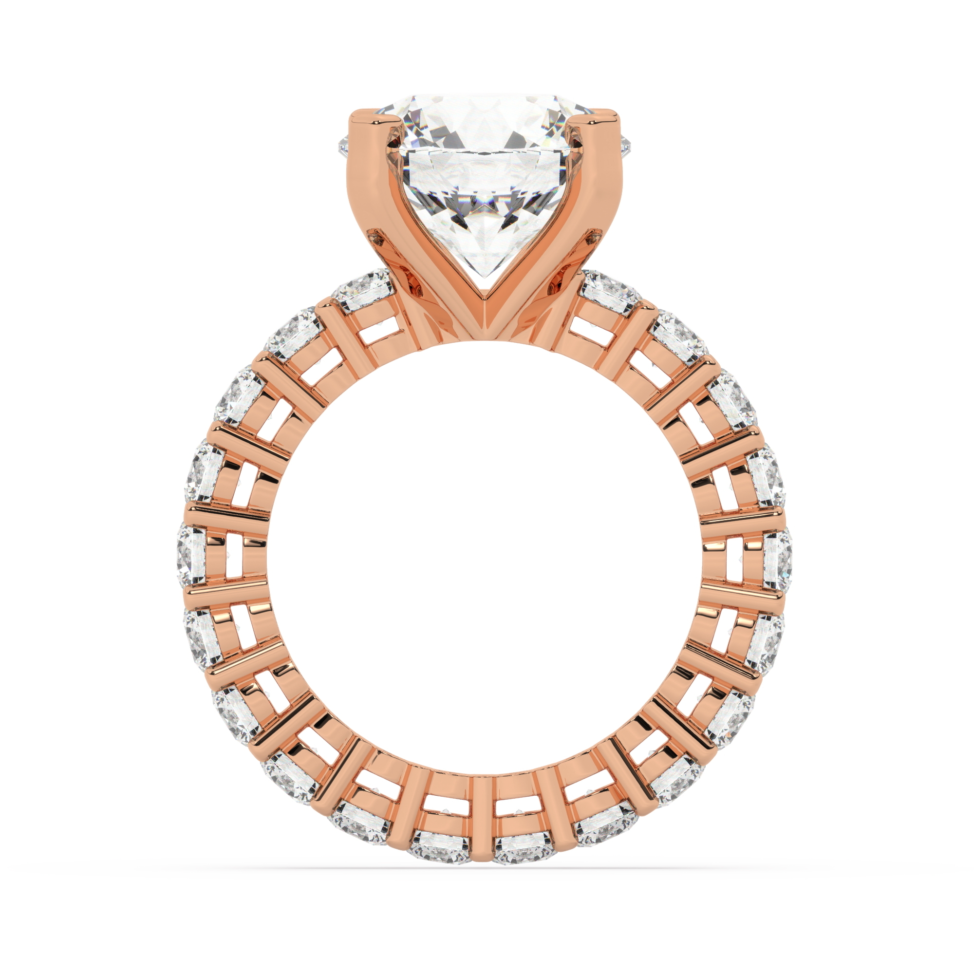 טבעת אירוסין סוליטר ויהלומים בצדדים איטרנטיני דגם 50044 זהב אדום רוזגולד 14 קראט במרכז יהלום טבעי 5 קראט בחיתוך עגול עם תעודה גמולוגית אמריקאית GIA מסביב ובצדדים יהלומים טבעים במשקל כולל של 1.80 קראט בחיתוך עגול – תמונה 3