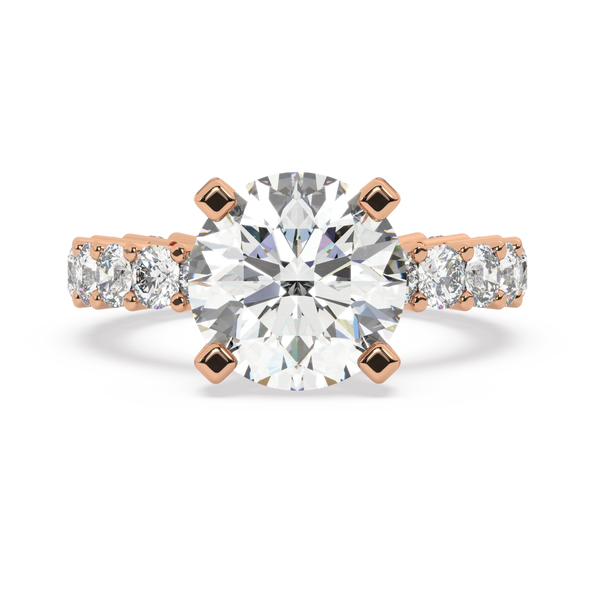 טבעת אירוסין סוליטר ויהלומים בצדדים איטרנטיני דגם 50044 זהב אדום רוזגולד 14 קראט במרכז יהלום טבעי 5 קראט בחיתוך עגול עם תעודה גמולוגית אמריקאית GIA מסביב ובצדדים יהלומים טבעים במשקל כולל של 1.80 קראט בחיתוך עגול – תמונה 2