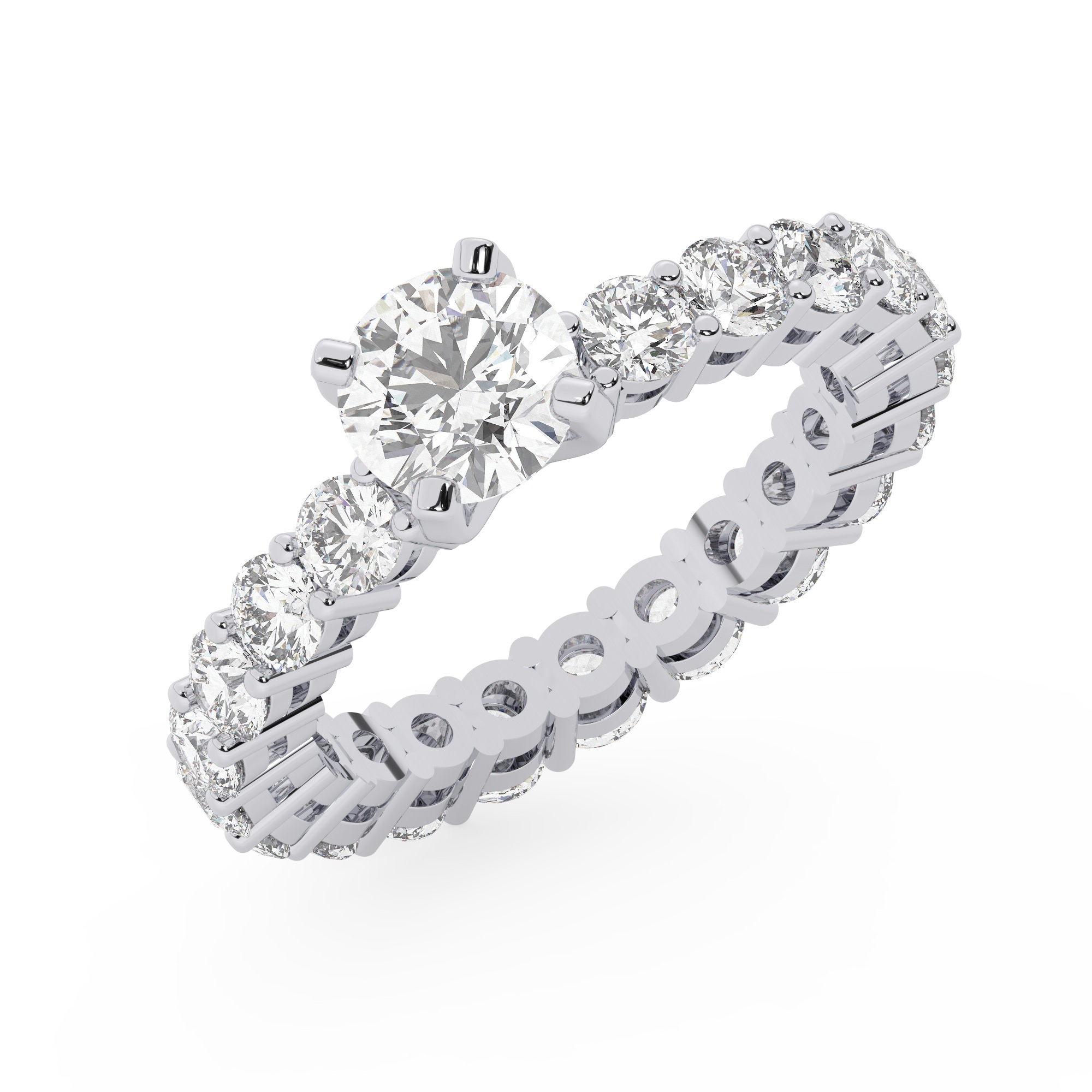 טבעת אירוסין סוליטר ויהלומים בצדדים איטרנטיני דגם 50044 כסף מצופה זהב לבן במרכז יהלום מעבדה 0.75 קראט בחיתוך עגול עם תעודה גמולוגית מסביב ובצדדים יהלומי מעבדה במשקל כולל של 1.80 קראט בחיתוך עגול