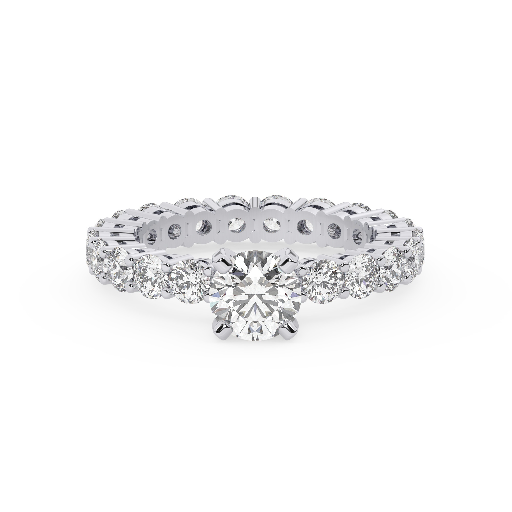 טבעת אירוסין סוליטר ומוסונייט בצדדים איטרנטיני דגם 50044 כסף מצופה זהב לבן במרכז אבן מעבדה מוסונייט 0.75 קראט בחיתוך עגול עם תעודה גמולוגית מסביב ובצדדים אבני מעבדה מוסונייט במשקל כולל של 1.80 קראט בחיתוך עגול – תמונה 2