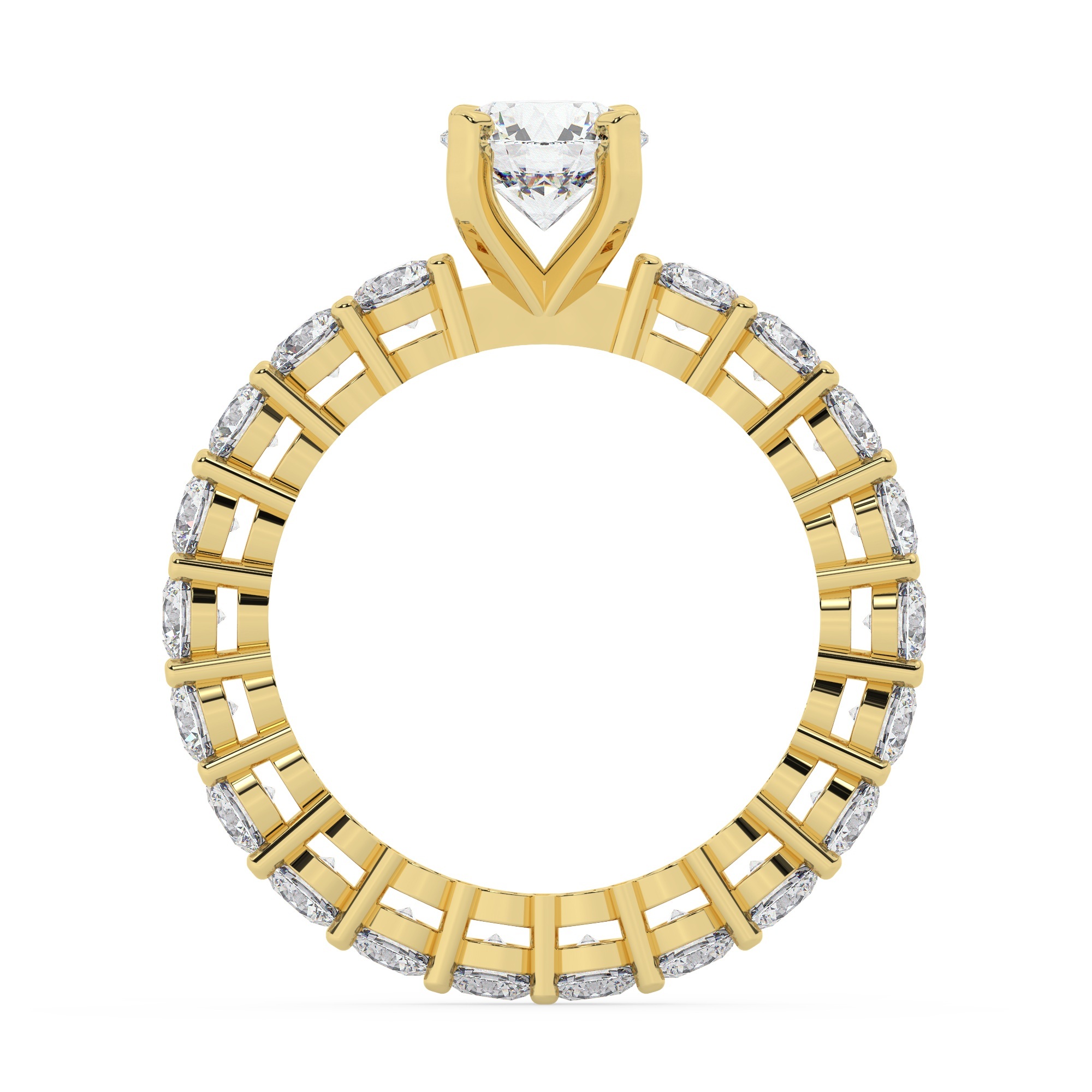 טבעת אירוסין סוליטר ויהלומים בצדדים איטרנטיני דגם 50044 כסף מצופה זהב צהוב במרכז יהלום מעבדה 0.75 קראט בחיתוך עגול עם תעודה גמולוגית מסביב ובצדדים יהלומי מעבדה במשקל כולל של 1.80 קראט בחיתוך עגול – תמונה 3