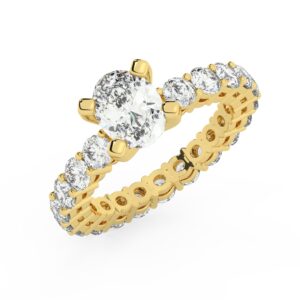 טבעת אירוסין סוליטר וזירקונים בצדדים איטרנטיני דגם 50044 זהב צהוב 14 קראט במרכז זירקוניה 1 קראט בחיתוך אובל מסביב ובצדדים זירקונים בחיתוך עגול