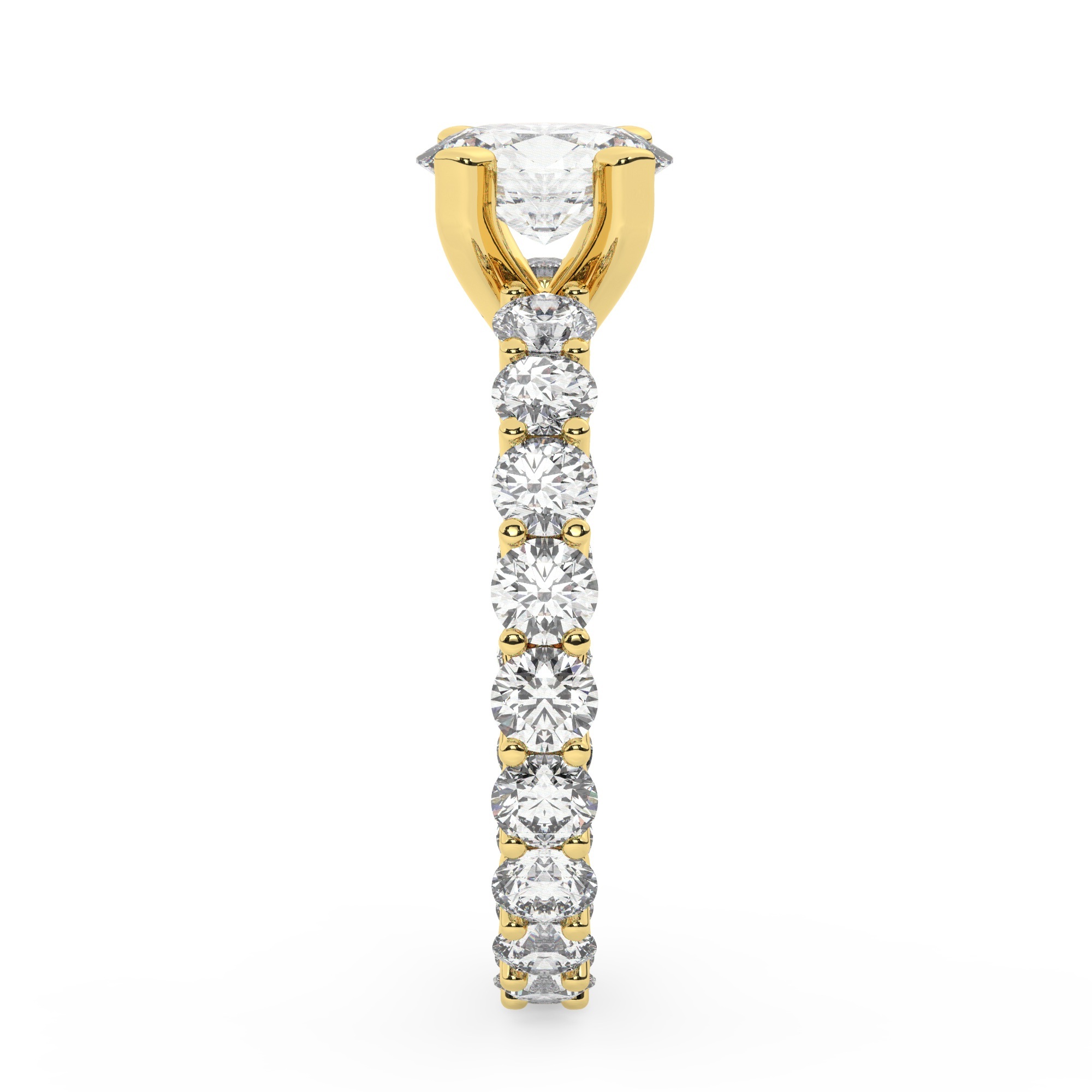 טבעת אירוסין סוליטר וזירקונים בצדדים איטרנטיני דגם 50044 זהב צהוב 14 קראט במרכז זירקוניה 1.50 קראט בחיתוך אובל מסביב ובצדדים זירקונים בחיתוך עגול – תמונה 4