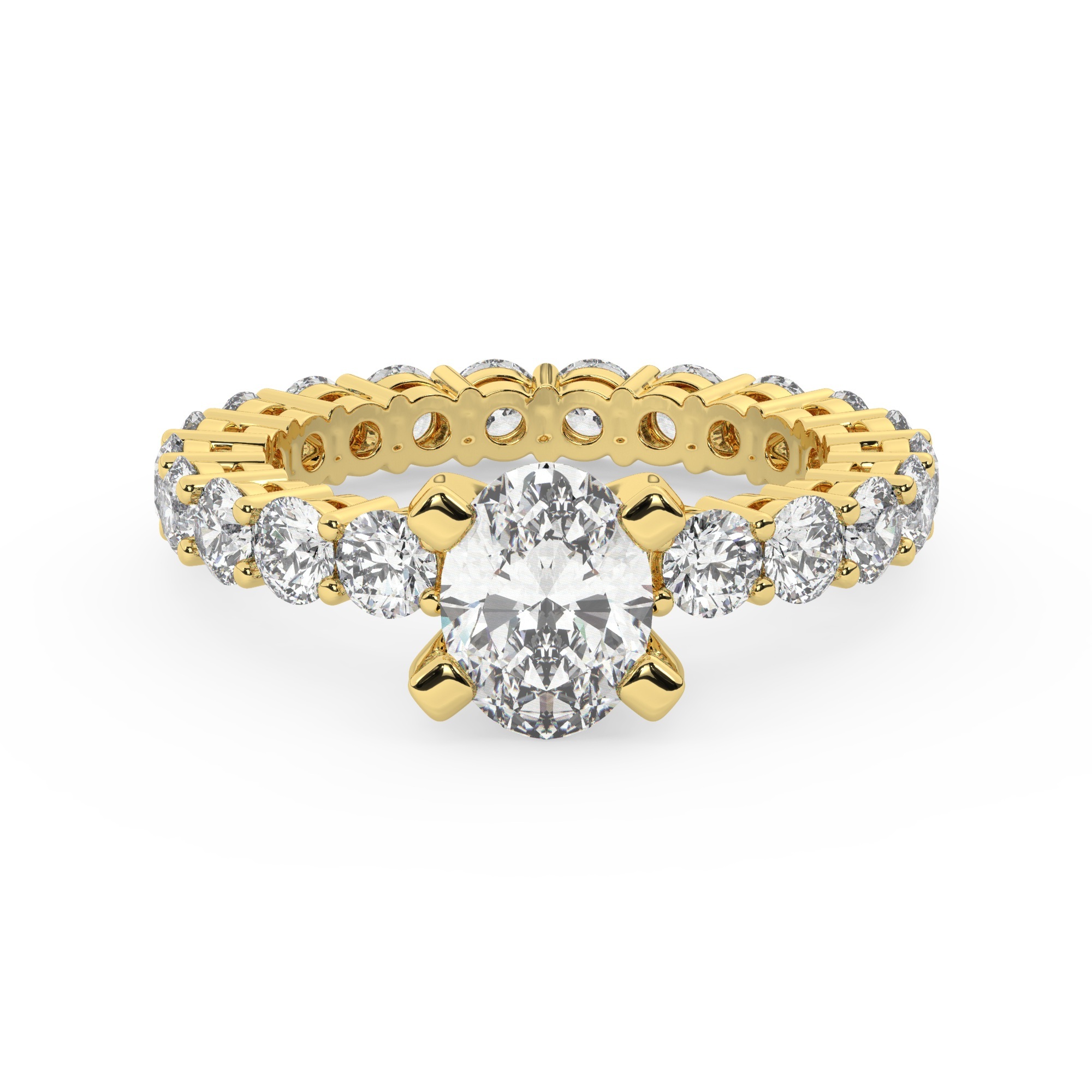 טבעת אירוסין סוליטר ומוסונייט בצדדים איטרנטיני דגם 50044 כסף מצופה זהב צהוב במרכז אבן מעבדה מוסונייט 1.50 קראט בחיתוך אובל עם תעודה גמולוגית בינלאומית GRA מסביב ובצדדים אבני מעבדה מוסונייט במשקל כולל של 1.80 קראט בחיתוך עגול – תמונה 2