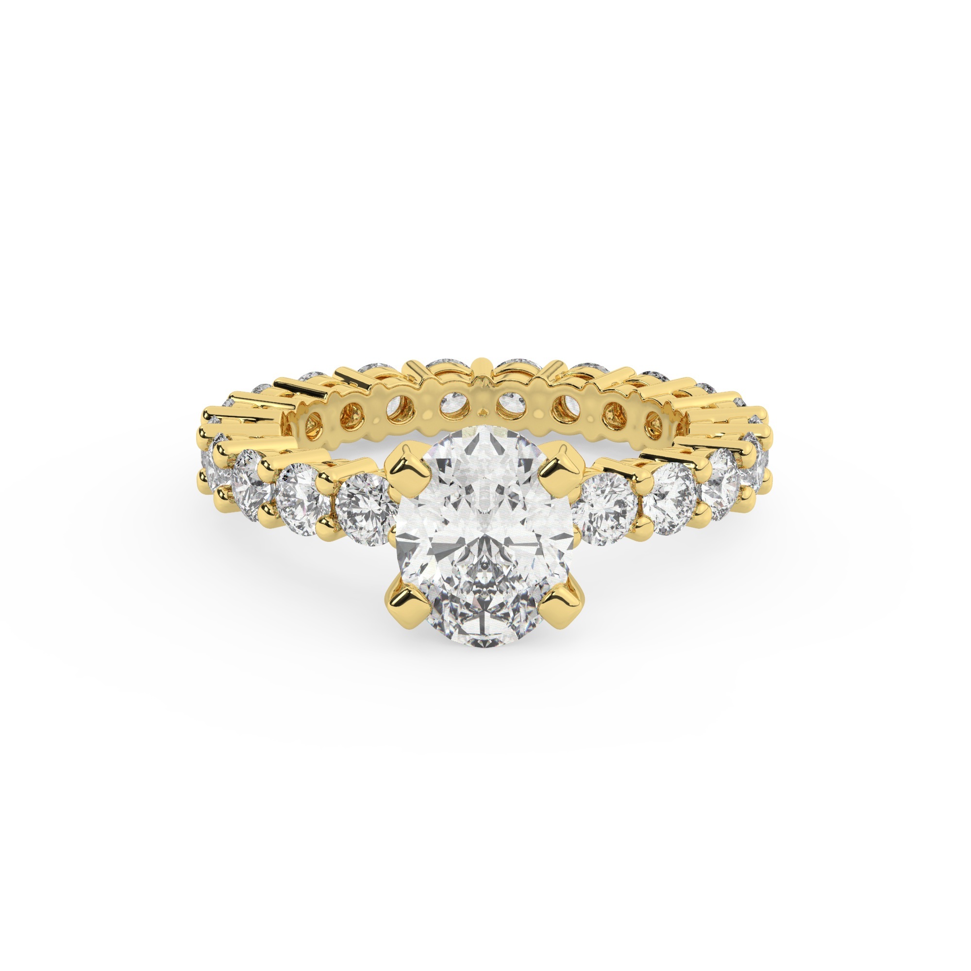 טבעת אירוסין סוליטר ומוסונייט בצדדים איטרנטיני דגם 50044 כסף מצופה זהב צהוב במרכז אבן מעבדה מוסונייט 2 קראט בחיתוך אובל עם תעודה גמולוגית בינלאומית GRA מסביב ובצדדים אבני מעבדה מוסונייט במשקל כולל של 1.80 קראט בחיתוך עגול – תמונה 2