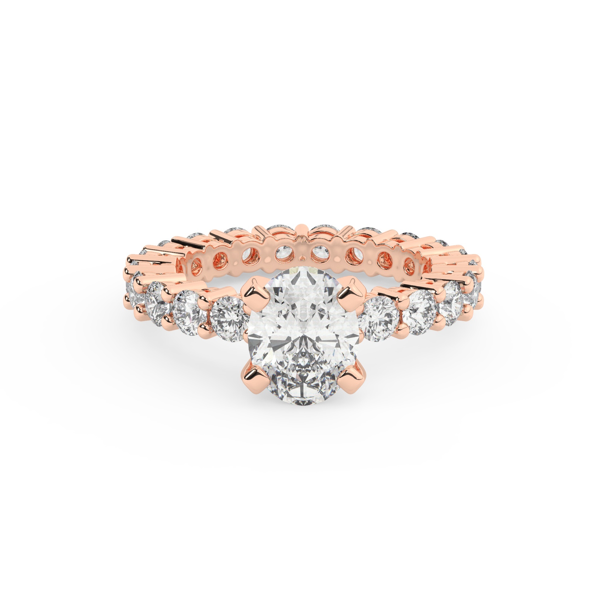 טבעת אירוסין סוליטר ומוסונייט בצדדים איטרנטיני דגם 50044 כסף מצופה זהב אדום רוזגולד במרכז אבן מעבדה מוסונייט 2 קראט בחיתוך אובל עם תעודה גמולוגית בינלאומית GRA מסביב ובצדדים אבני מעבדה מוסונייט במשקל כולל של 1.80 קראט בחיתוך עגול – תמונה 2