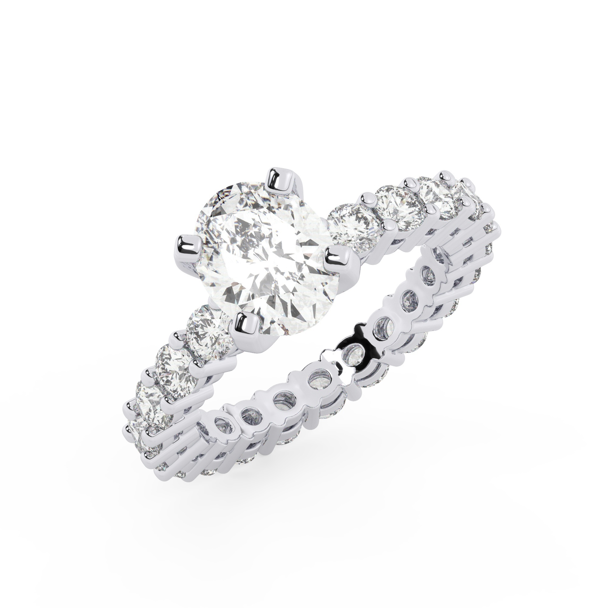 טבעת אירוסין סוליטר וזירקונים בצדדים איטרנטיני דגם 50044 זהב לבן 14 קראט במרכז זירקוניה 2.50 קראט בחיתוך אובל מסביב ובצדדים זירקונים בחיתוך עגול