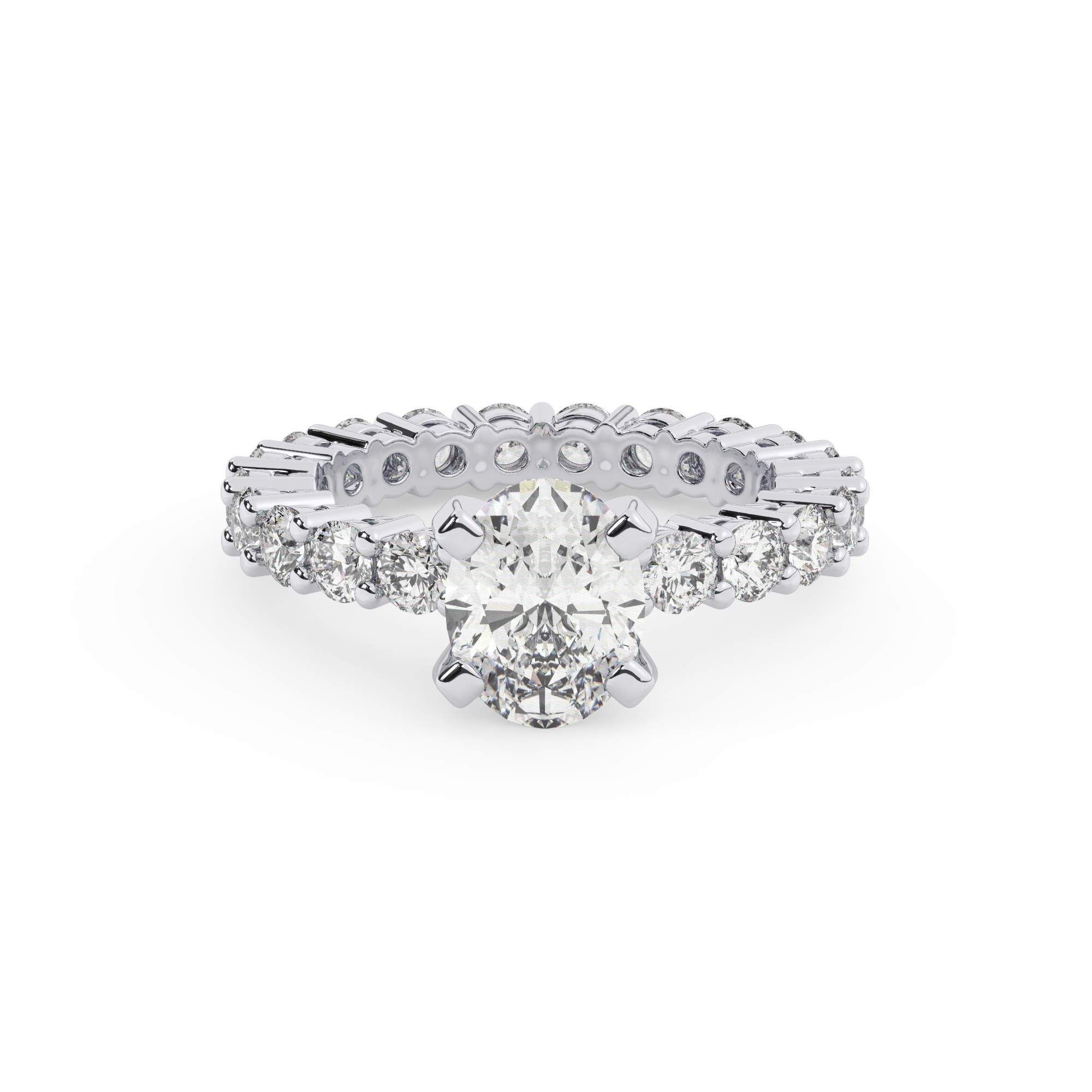 טבעת אירוסין סוליטר ומוסונייט בצדדים איטרנטיני דגם 50044 כסף מצופה זהב לבן במרכז אבן מעבדה מוסונייט 2.50 קראט בחיתוך אובל עם תעודה גמולוגית בינלאומית GRA מסביב ובצדדים אבני מעבדה מוסונייט במשקל כולל של 1.80 קראט בחיתוך עגול – תמונה 2