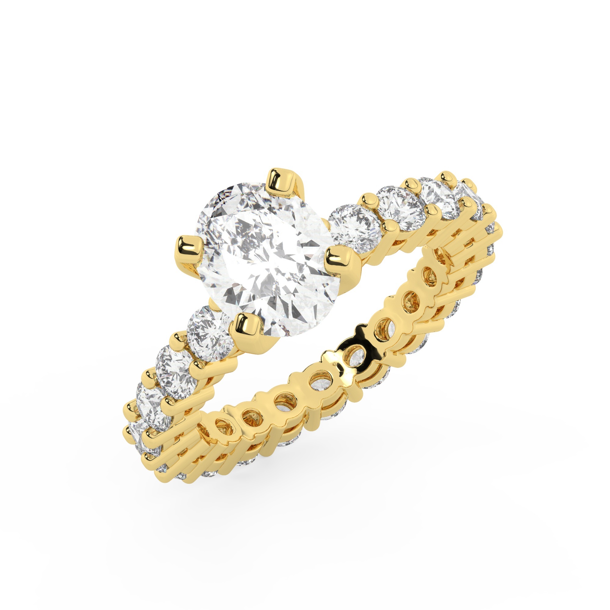 טבעת אירוסין סוליטר ומוסונייט בצדדים איטרנטיני דגם 50044 כסף מצופה זהב צהוב במרכז אבן מעבדה מוסונייט 2.50 קראט בחיתוך אובל עם תעודה גמולוגית בינלאומית GRA מסביב ובצדדים אבני מעבדה מוסונייט במשקל כולל של 1.80 קראט בחיתוך עגול