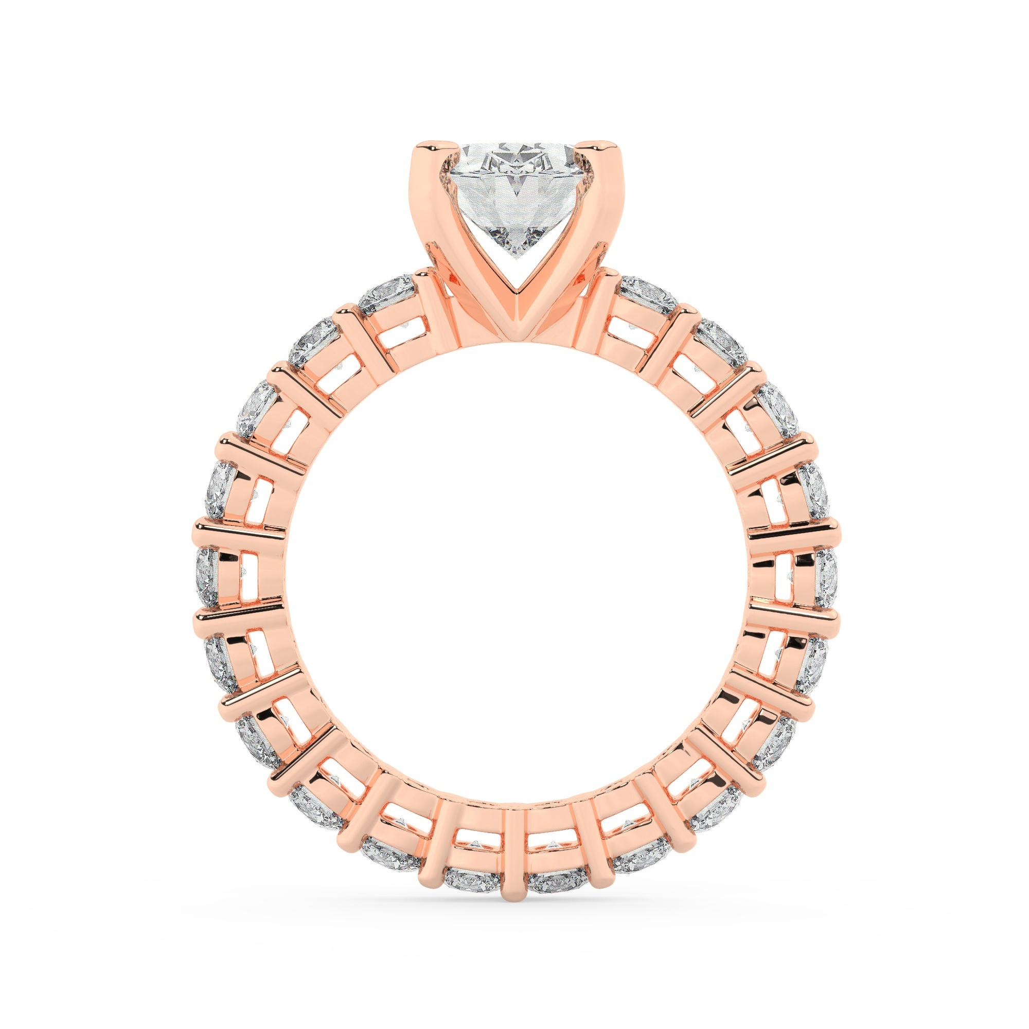 טבעת אירוסין סוליטר ומוסונייט בצדדים איטרנטיני דגם 50044 כסף מצופה זהב אדום רוזגולד במרכז אבן מעבדה מוסונייט 2.50 קראט בחיתוך אובל עם תעודה גמולוגית בינלאומית GRA מסביב ובצדדים אבני מעבדה מוסונייט במשקל כולל של 1.80 קראט בחיתוך עגול – תמונה 3