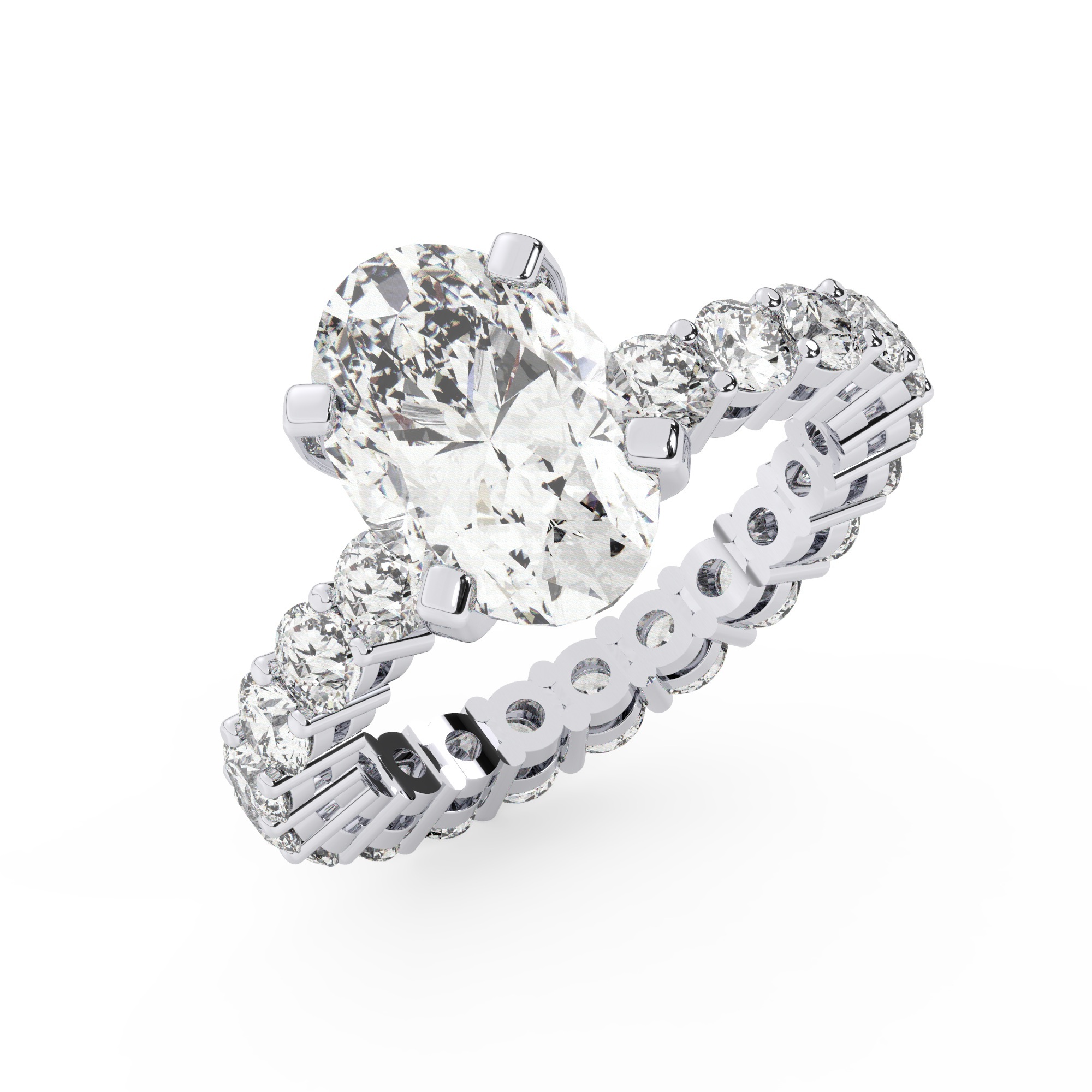 טבעת אירוסין סוליטר ומוסונייט בצדדים איטרנטיני דגם 50044 כסף מצופה זהב לבן במרכז אבן מעבדה מוסונייט 3 קראט בחיתוך אובל עם תעודה גמולוגית בינלאומית GRA מסביב ובצדדים אבני מעבדה מוסונייט במשקל כולל של 1.80 קראט בחיתוך עגול