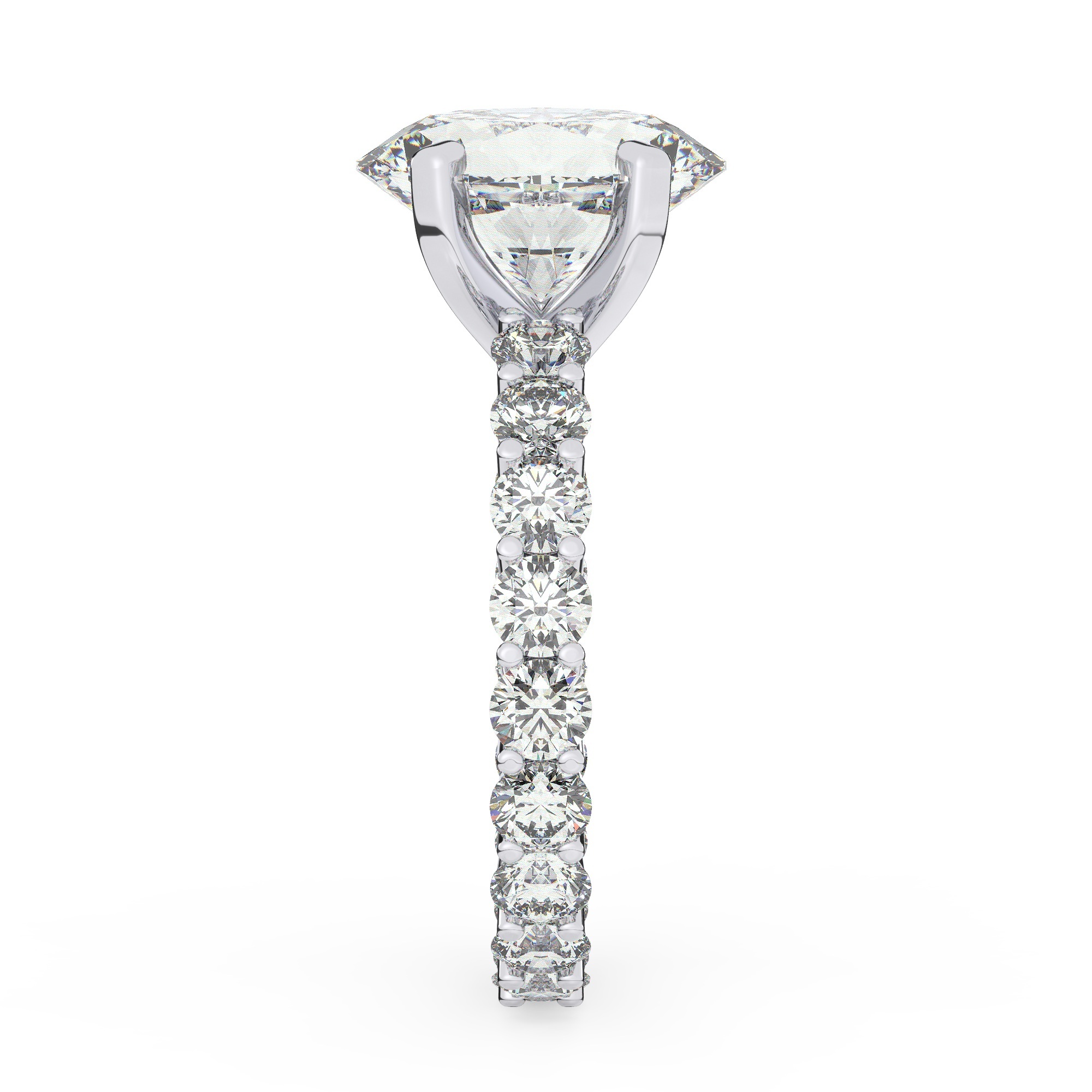 טבעת אירוסין סוליטר ומוסונייט בצדדים איטרנטיני דגם 50044 כסף מצופה זהב לבן במרכז אבן מעבדה מוסונייט 3 קראט בחיתוך אובל עם תעודה גמולוגית בינלאומית GRA מסביב ובצדדים אבני מעבדה מוסונייט במשקל כולל של 1.80 קראט בחיתוך עגול – תמונה 4