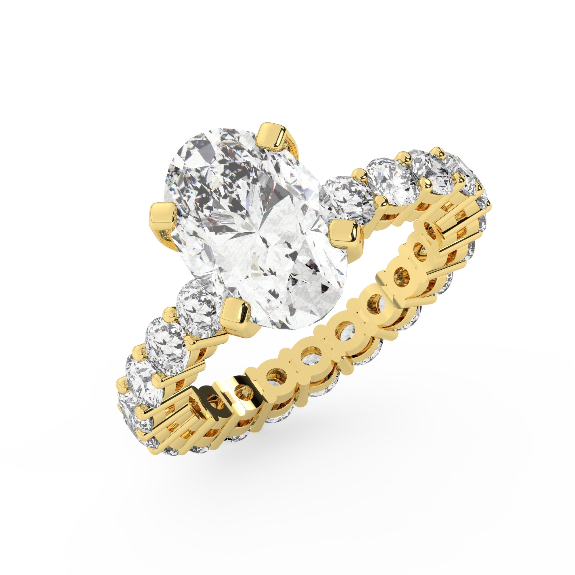 טבעת אירוסין סוליטר ומוסונייט בצדדים איטרנטיני דגם 50044 כסף מצופה זהב צהוב במרכז אבן מעבדה מוסונייט 3 קראט בחיתוך אובל עם תעודה גמולוגית בינלאומית GRA מסביב ובצדדים אבני מעבדה מוסונייט במשקל כולל של 1.80 קראט בחיתוך עגול